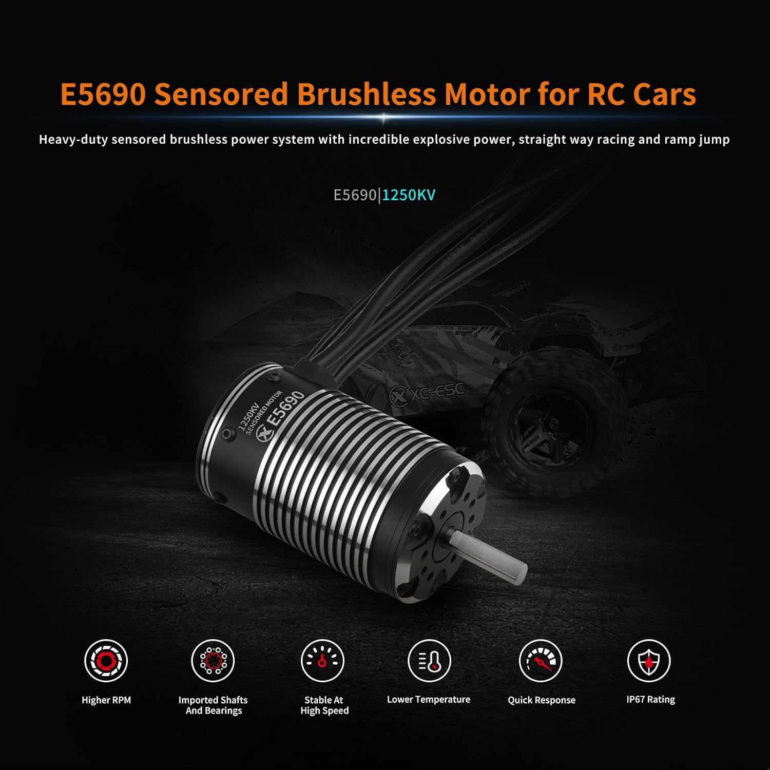 XC E5690 Sensored Brushless Motor for RC Car,3-8S Lipo,1250KV,IP67 Water Proof,Applicable to:1/6 Short Course, Monster, 1/5 Light-Duty Truck
