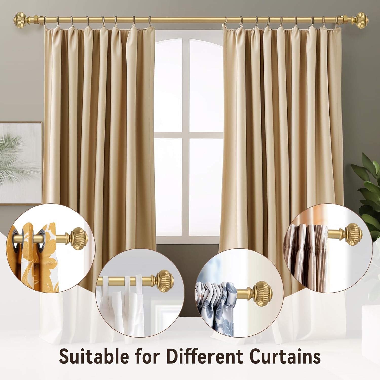 KNOBWELL 2 Pack Empyrean Grace Golden Curtain Rod, 22-42 in, Brass Single Rod with Ball Finials, 1" Single Rod Window Treatment Rods Drapery Rod