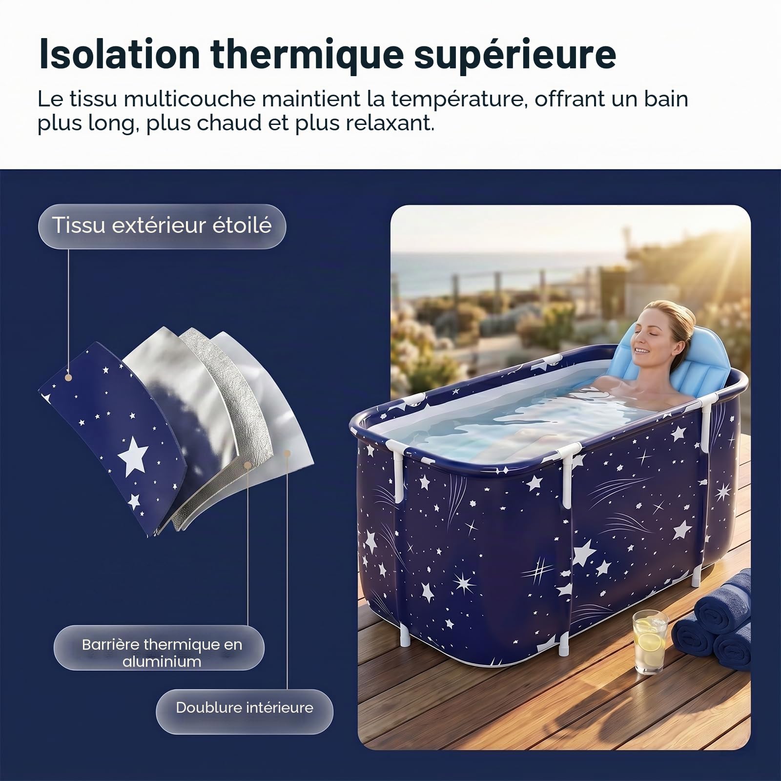 Baignoire Pliable Adulte, 120x55x50cm Portable Grande Baignoire de Trempage pour Bain Chaud, Bain Glacé, Spa, Seau de Bain Épais, pour Deux Personnes avec Dossier, Coussin et Pompe