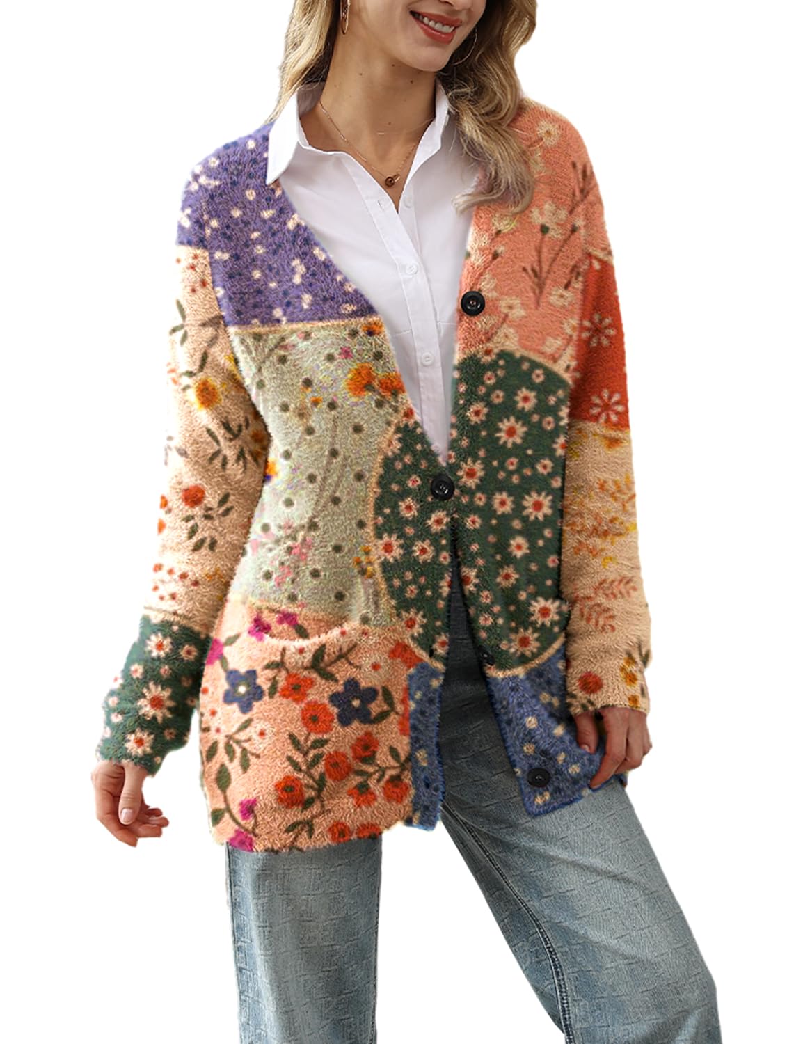 YESNO Cardigan Sweaters for Women Open Front Sweater Graphic V Neck Knit Tops with Pockets S01TYP3