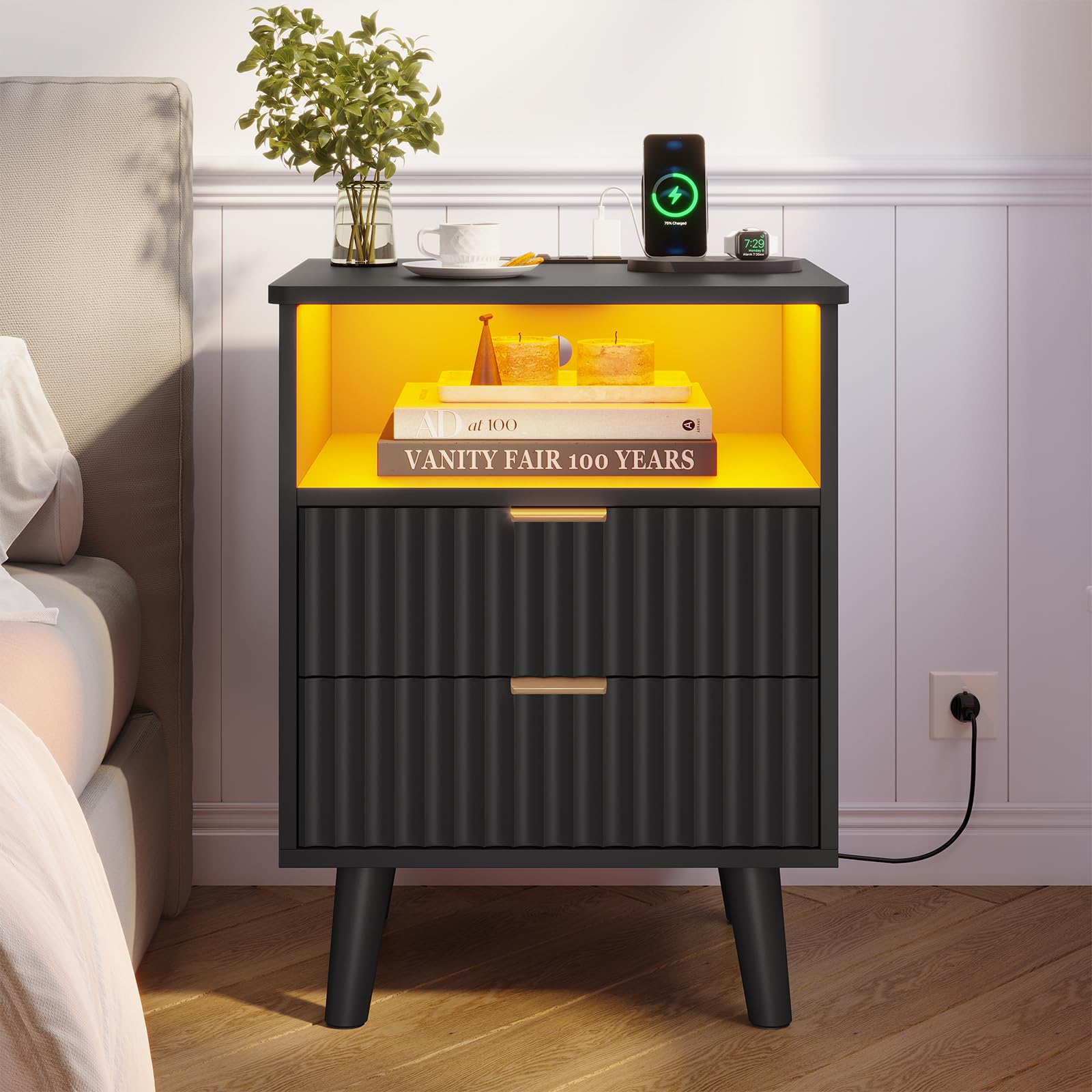 VIAGDO Fluted Nightstand with Charging Station and LED Lights, Modern Night Stand with 2 Drawers and Open Storage Cabinet, Bed Side Table with Gold