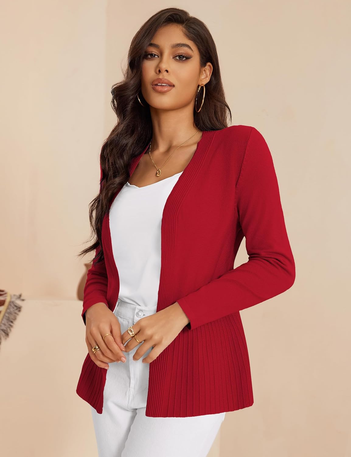 Women's Casual Open Front Sweater Long Sleeve Rib Knit Draped Cardigan - Image 3