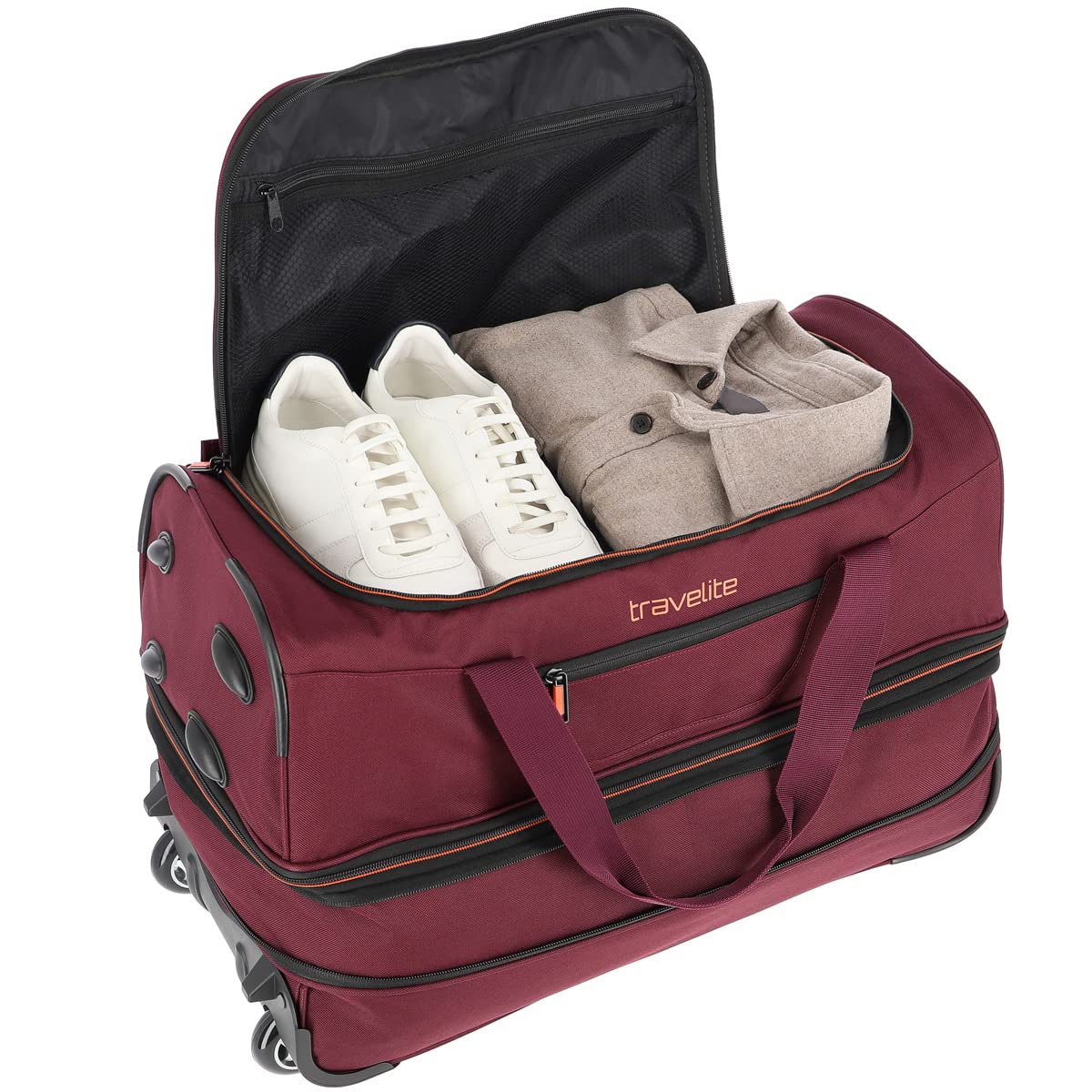 travelite 2-kołowa torba podróżna na kółkach rozm. L z zakładką rozciągliwą, seria bagażowa BASICS: miękki bagaż torba podróżna na kółkach o dodatkowej pojemności, 096276, czerwone wino/pomarańczowe,