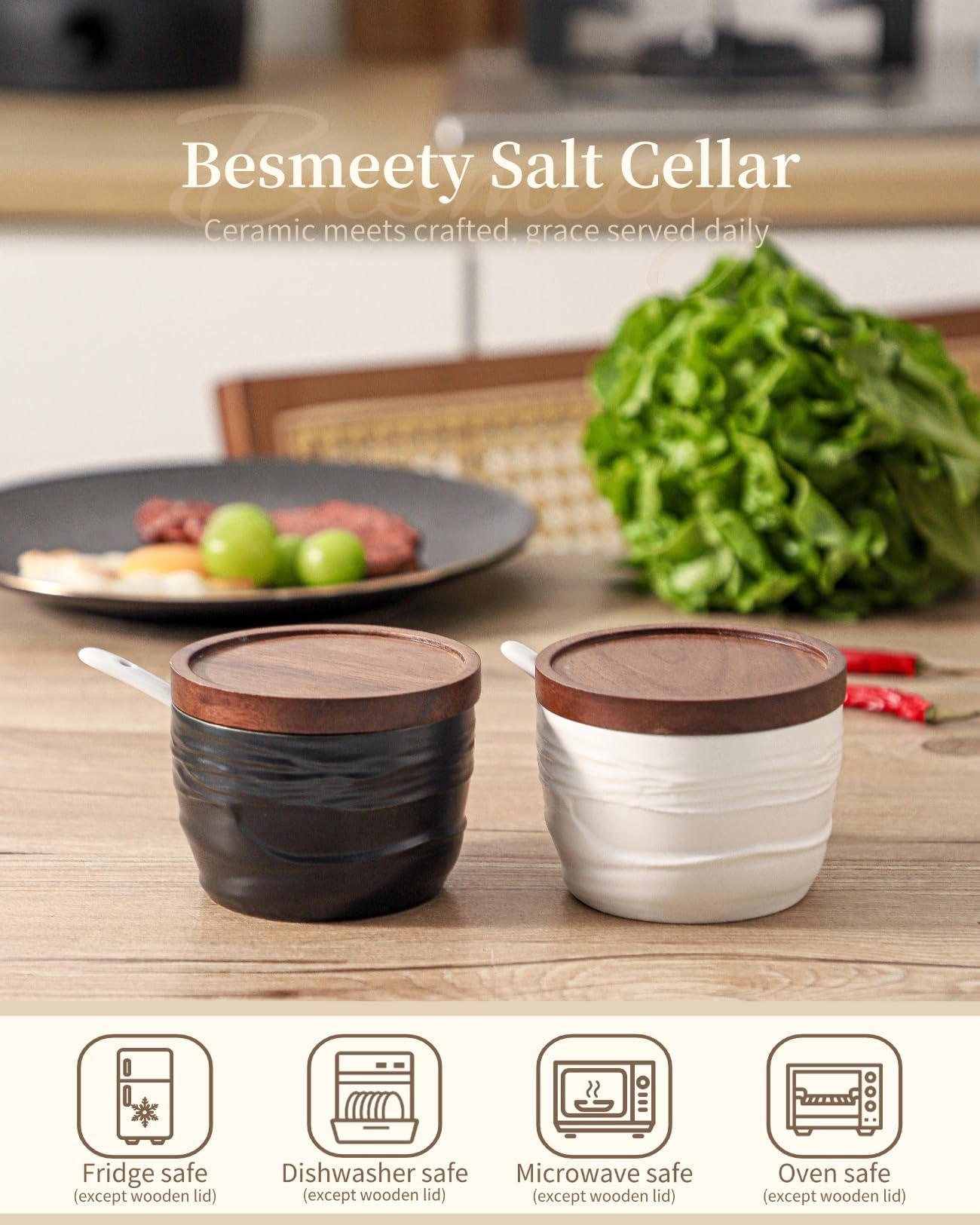 Besmeety Gewürzdosen Keramik 3er Set mit Löffel und Deckel, Gewürzgläser Porzellan Set, Salzdose mit Acacia Holz Deckel, Zuckerdose Keramik, Gewürzbehälter, 250ML (Schwarz, Weiß)