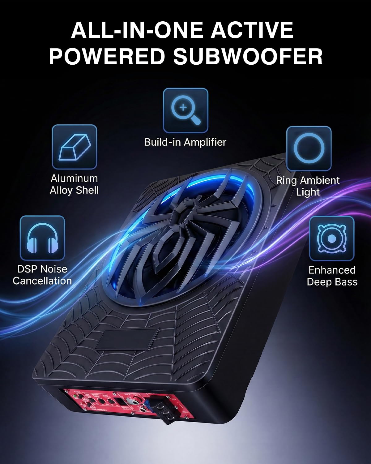 Subwoofer activo para automóvil, montable bajo los asientos, potencia máxima de 1200W, 10", módulo amplificador integrado, subwoofer compacto, iluminación ambiental RGB controlada por aplicación