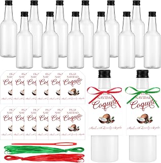 LemonRoad 12 Set Christmas Coquito Bottles 8.5 oz Coquito Plastic Wine Bottles with 12 Pcs Label Cards and Ribbons for Homemade DIY Craft Xmas Party Brewing Beverages Liqueur