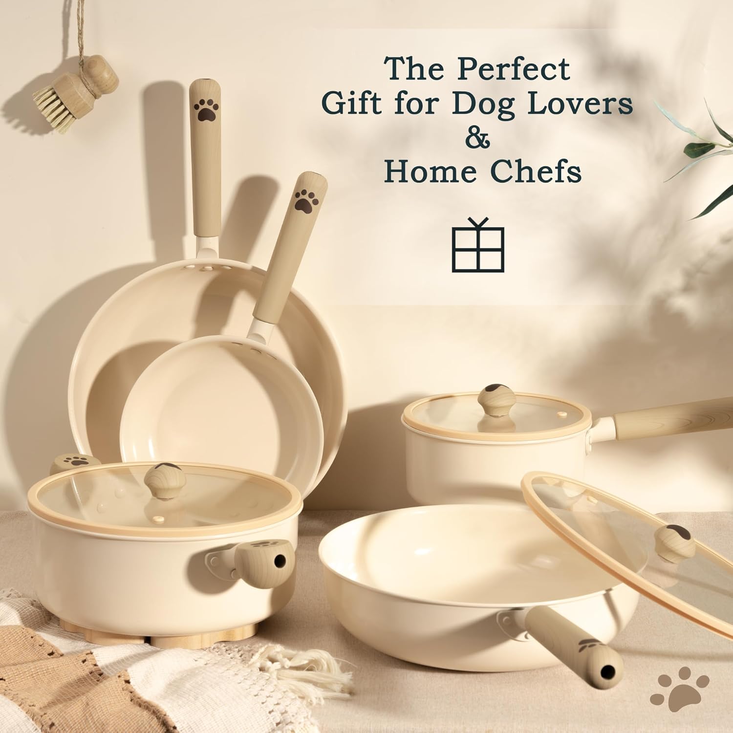 Astercook 17-Piece Ceramic Cookware Set with Dog Paw Wooden Handles, Nonstick Pots and Pans Set for Home & Camping, Induction Compatible and Dishwasher Safe, Grate Gift for Pet Lovers & Families