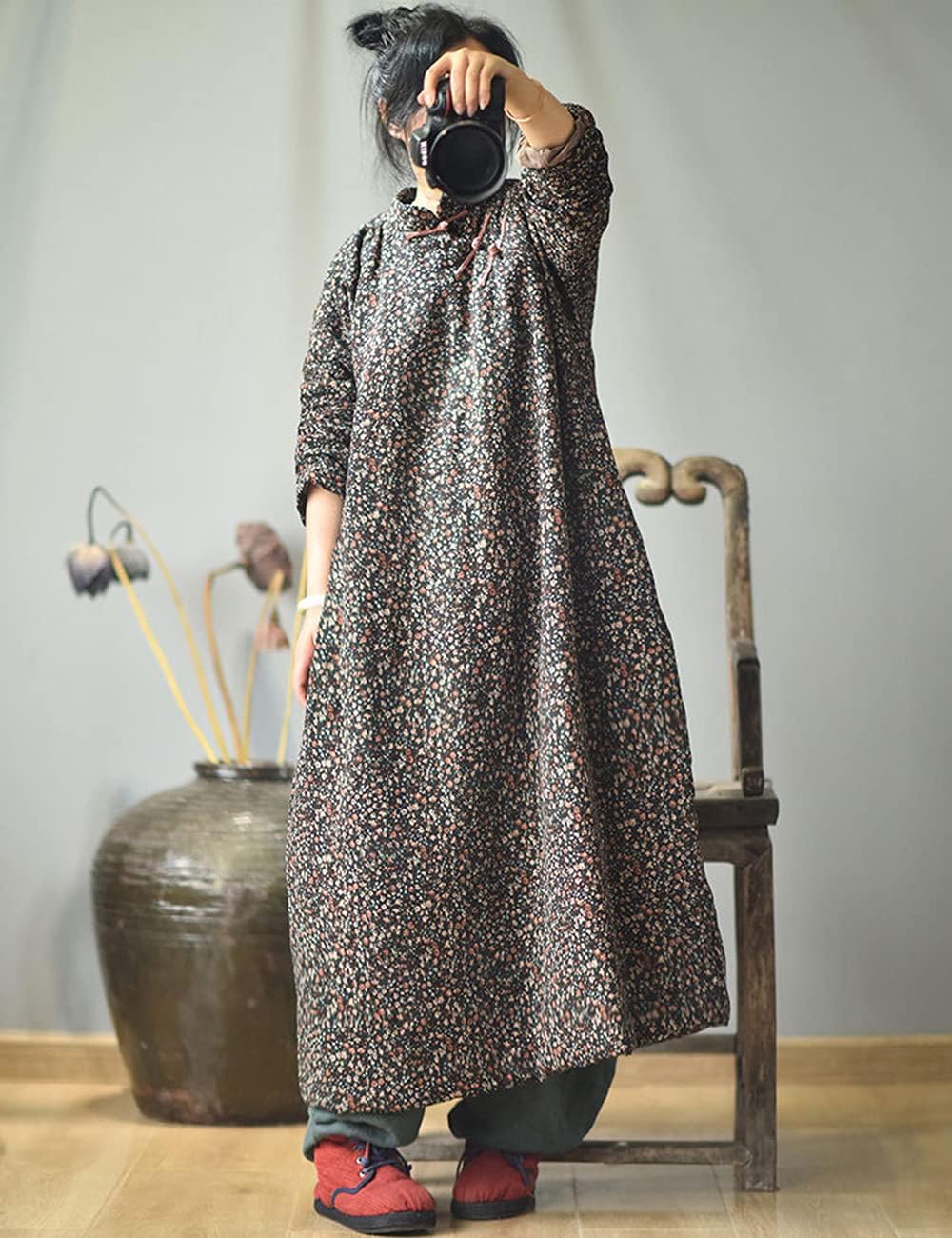 NFYM Women Autumn Winter Warm Padded Floral Outwear Long Cotton Linen Vintage Chinese Style Robe Coat - Image 5