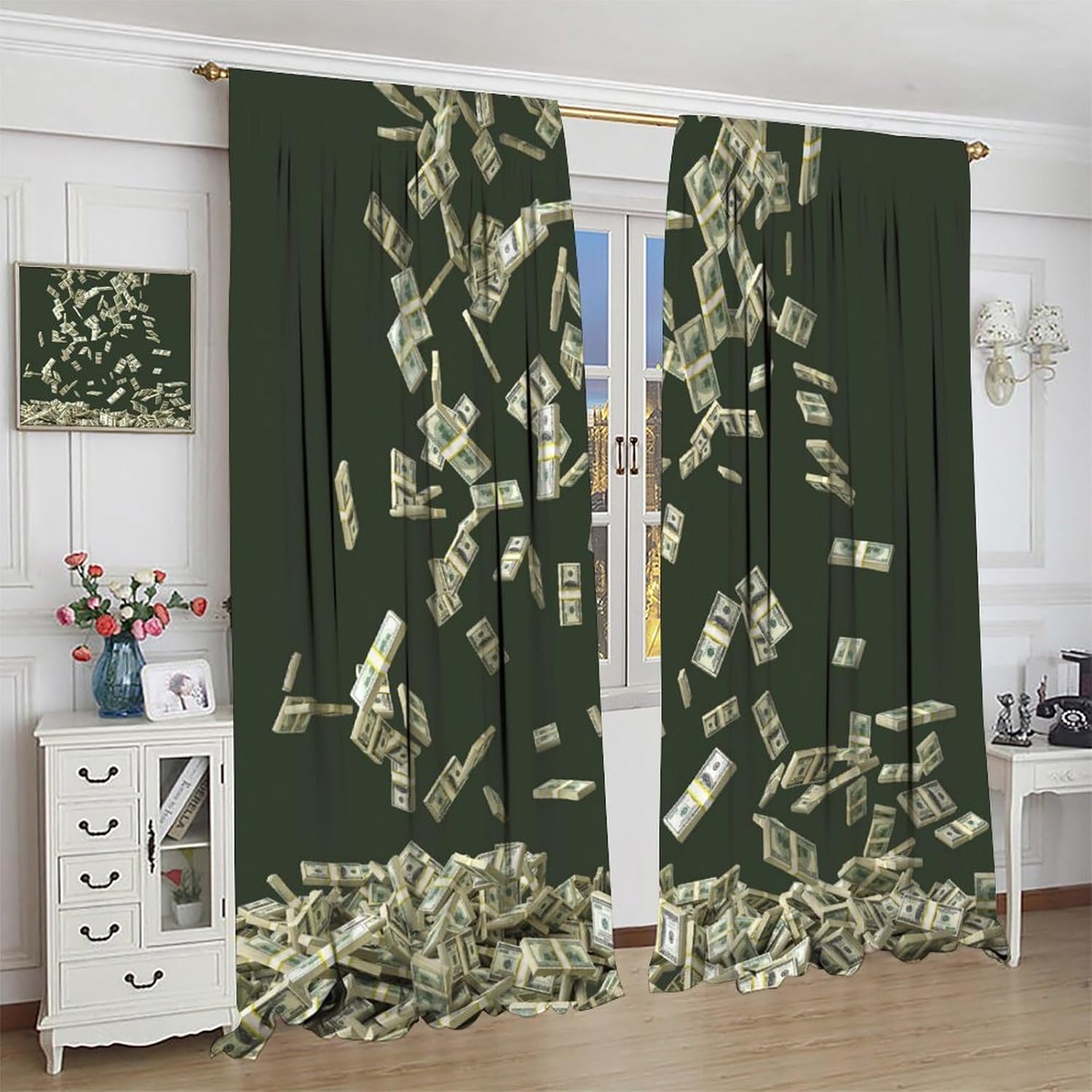 Money Curtains Funny Vintage Dollar Bill USA Money Window Drapes for Bedroom Living Room Kitchen Cafe （W21xL45 Inch） x2 Panels image 4