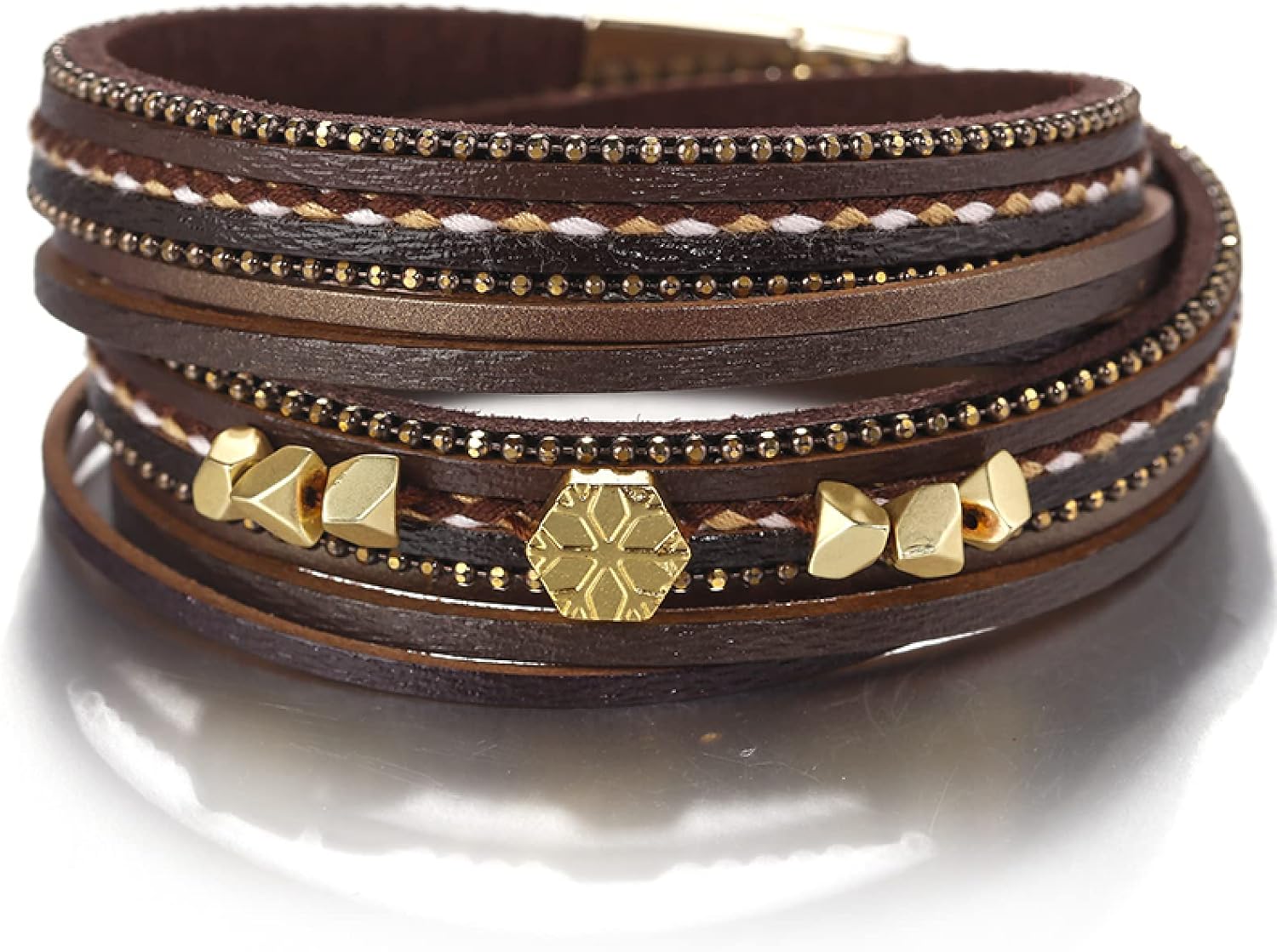 Braided Double Wrap Bracelets Rhinestone Crystal Beads Women's Leather Layered Bracelet Party Jewelry,Dark Coffee