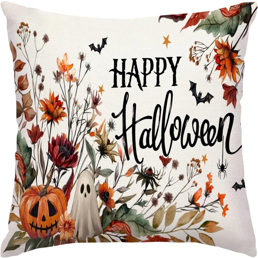 RABUSOFA Halloween Pillow Covers 18x18 inch Pumpkin Ghost Bat Decorative Throw Pillow Horror Wildflowers Couch Cushion Case Decorations for Sofa Bedroom Living Room Home Decor