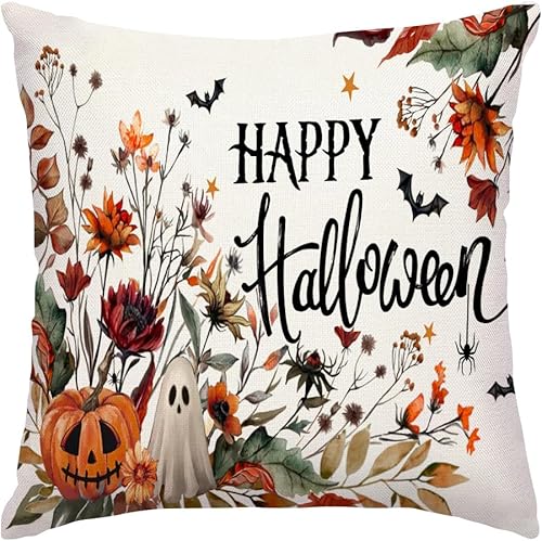 RABUSOFA Fundas de almohada de Halloween de 18 x 18 pulgadas, calabaza, fantasma, murciélago, almohada decorativa de flores silvestres de terror,