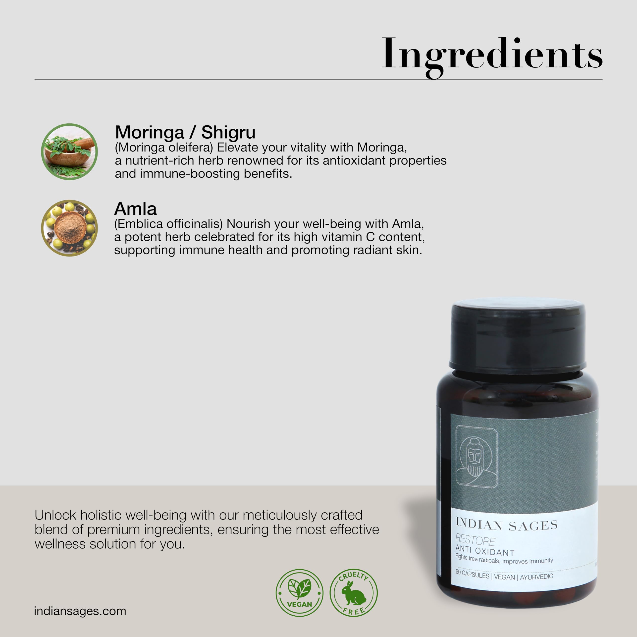 Indian Sages RESTORE Moringa Amla Capsule - Immunity Booster Capsules | Ayurvedic Antioxidant supplement | Organic and Vegan product | Made in India | Immune System Support | 60 Capsules — Amazon image 3