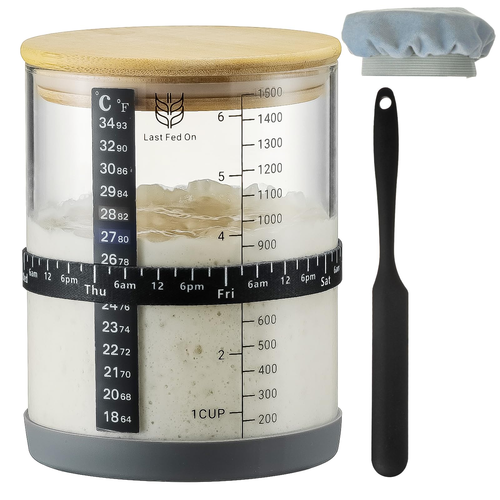 Sourdough Starter Jar,50oz Wide-Mouth with Non-slip silicone rubber Bottom Sourdough Starter Kit,Date Marked Feeding Band, Thermometer, Cloth Cover & Bamboo Lid, Reusable Sourdough Bread Baking