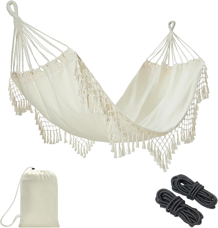 JoyView Hamaca individual de macramé boho con cuerdas para colgar y elegantes borlas 78,8 x 39,4 Hamaca portátil de algodón para patio, porche, capacidad de peso de 300 libras, perfecta para exteriores/interiores, color beige
