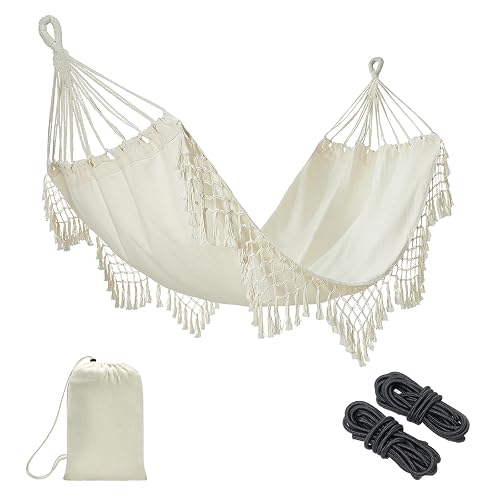 JoyView Boho Macrame Single Hammock with Hanging Ropes & Elegant Tassels 78.8x39.4 Portable Cotton Hammock for Patio Backyard Porch 300LBS Weight Capacity Perfect for Outdoor/Indoor - Beige Color