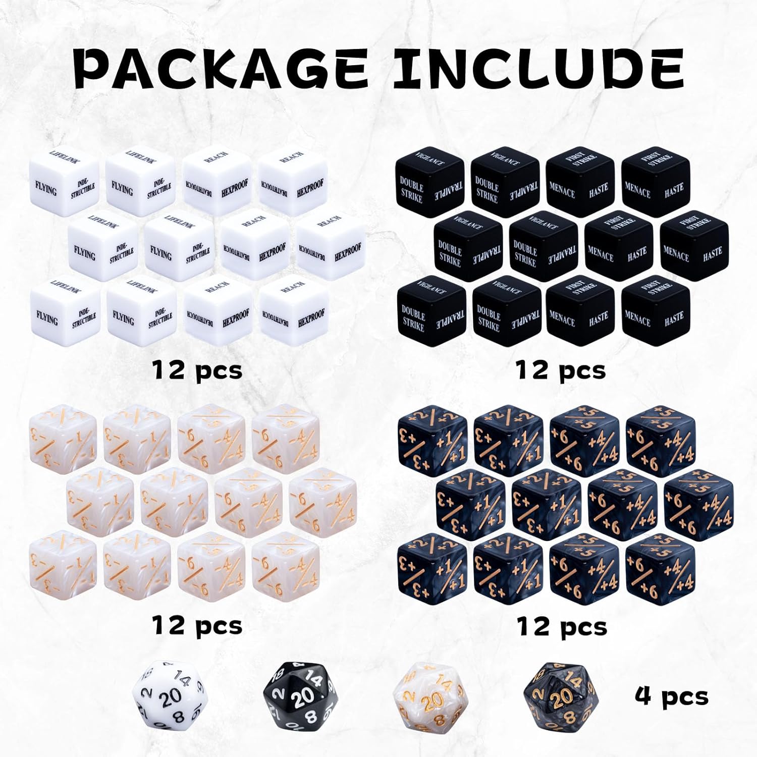 52 Pieces MTG Abilities Keywords Counter Dice and Life Counter Bulk Tokens Dice Set in 4 Colors with 4 D20 for MTG, TCG, Cards Gaming Accessories