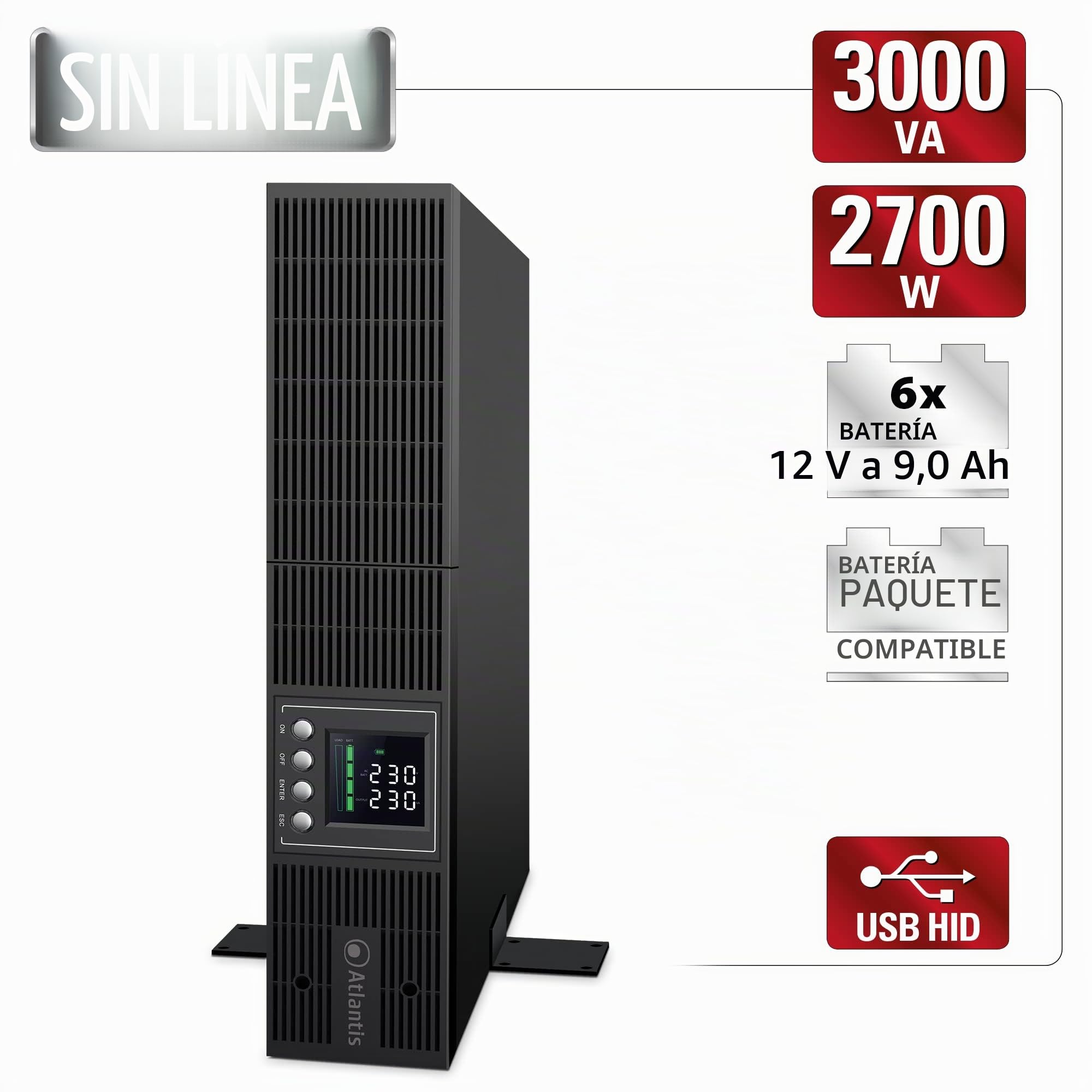 Atlantis A03-OP3002P-RC PRO UPS Sistema de alimentación ininterrumpida OnLine doble conversión onda sinusoidal pura 3000VA 2700W, servidor RACK, pantalla LCD, USB, RS232, 8 IEC, ranura SNMP, 6x12V 9Ah