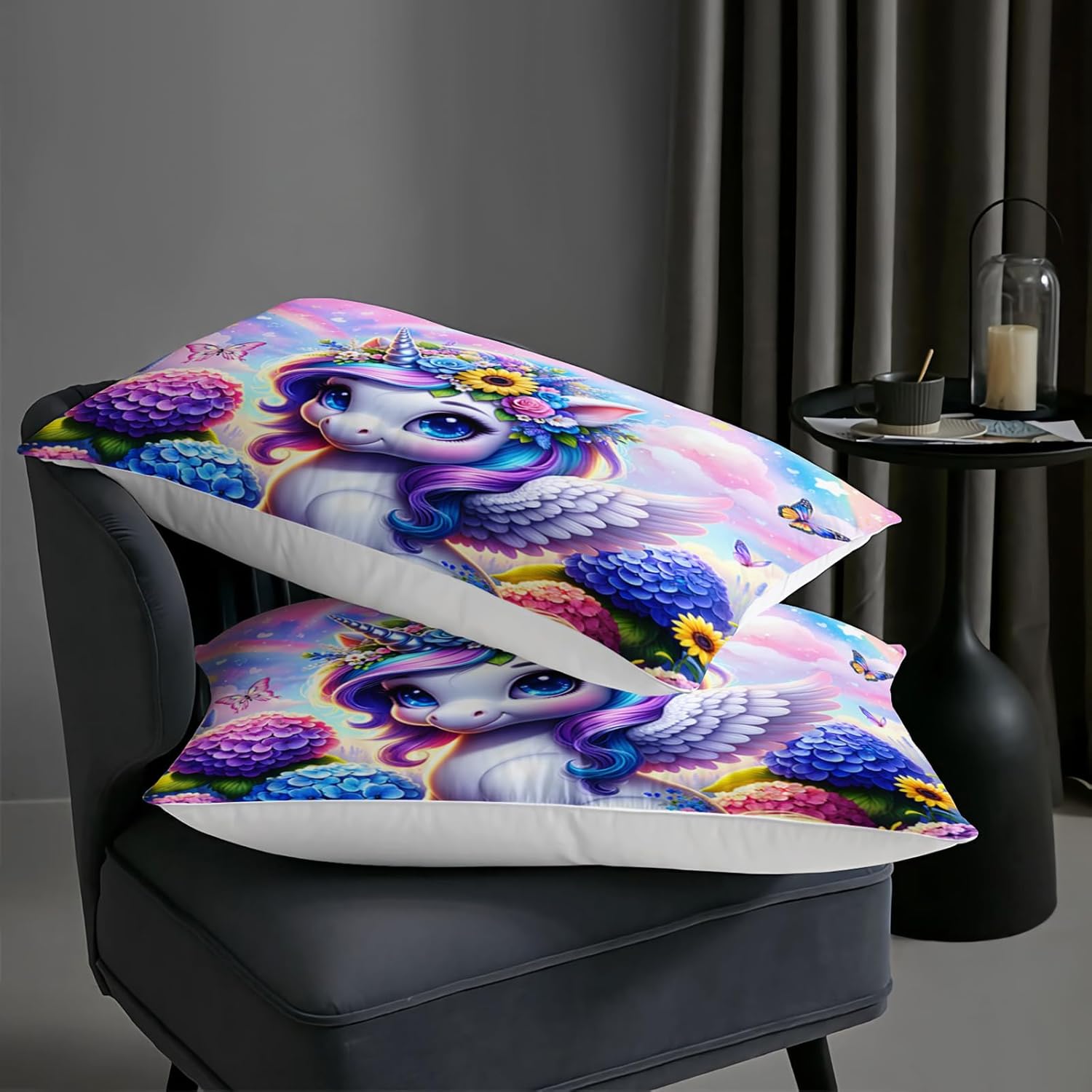 AILONEN Cartoon Unicorn Comforter Set Queen Size, Cute Rainbow Horse Unicorn Bedding Set for Kids Girls,Floral Butterfly Duvet Set,1 Quilt + 2 Pillowcases,3Pcs