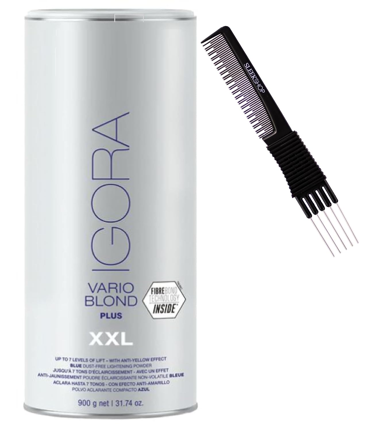 vefi SIeekshop Comb + Schwarzkapf IGORA VARIO BLOND PLUS XXL, Blue Dust-Free Lightener, Blonde Lightening Powder 2024-2025 Version (w/ Sleek Teasing) (Vario Blond Plus (XXL 31.74 oz))