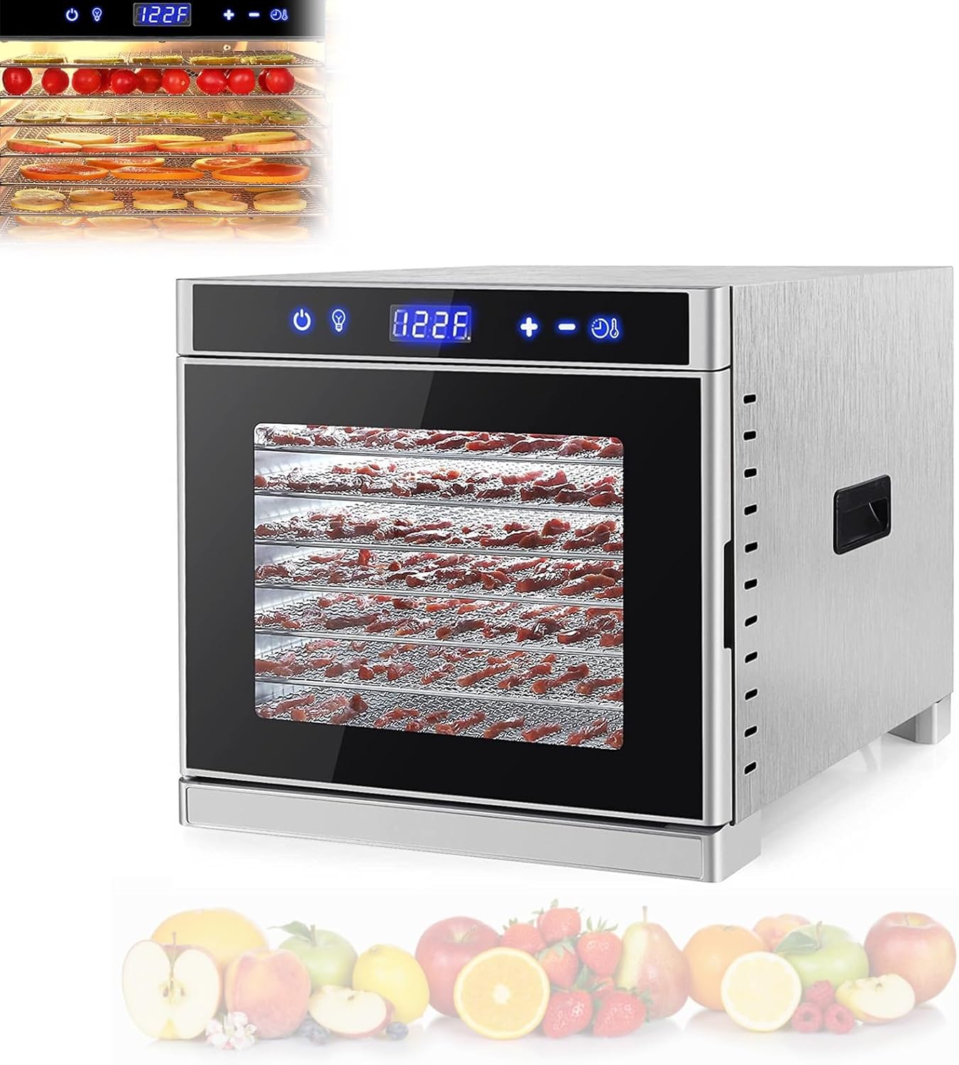 8-Tray 700W Stainless Steel Food Dehydrator Machine, Digital Fruit & Meat Dryer with 24-Hour Timer, Adjustable Temperature Control 95-167℉ for Jerky & Veggies - Commercial Grade (Silver)