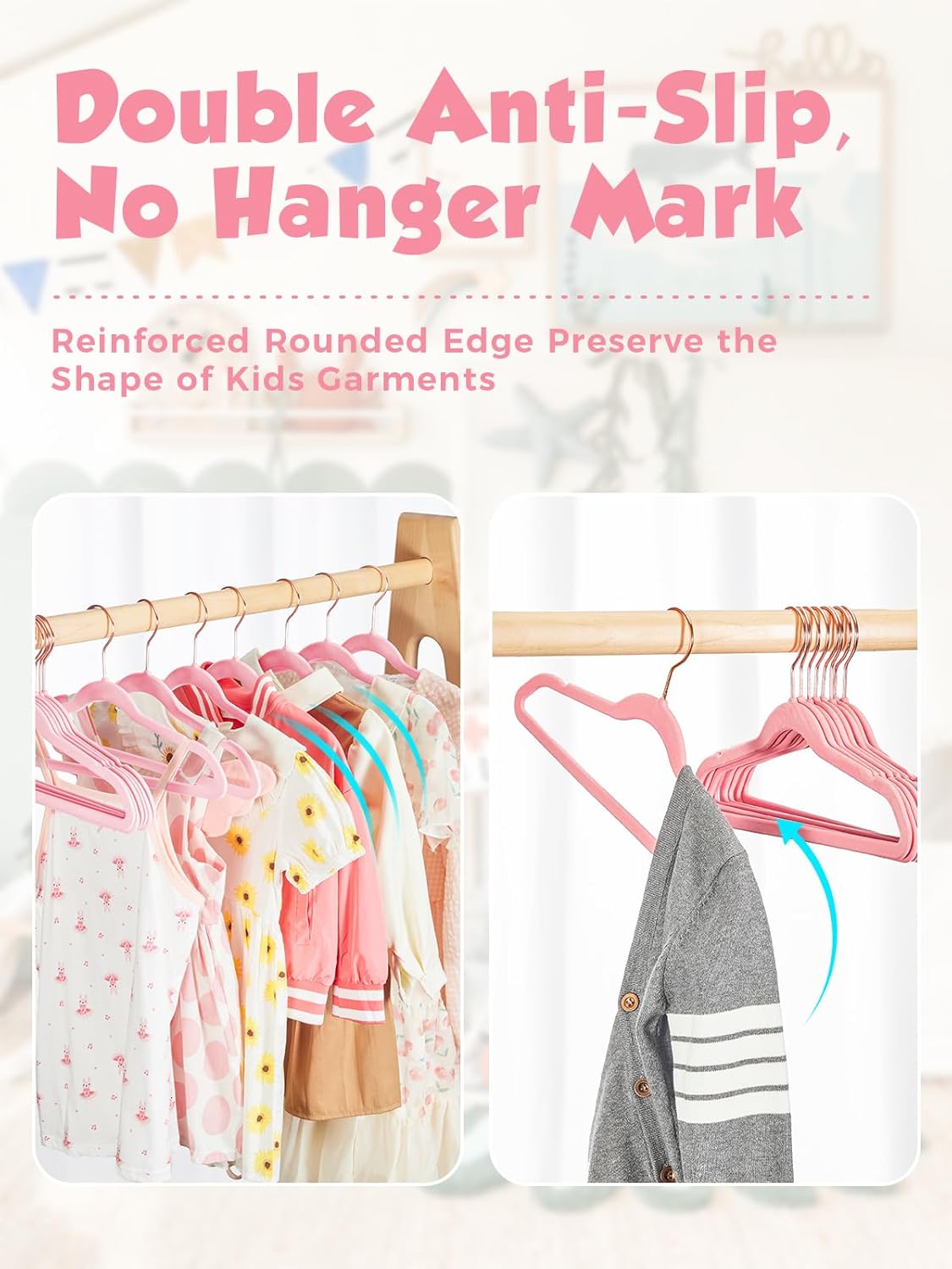 Smartor Kids Velvet Hangers 50 Pack, 14 Inch Premium Non Slip Kids Felt Hangers for Closet, Space Saving Toddler Clothes Hanger for Youth's Childrens' Clothes (Rose Gold Hook)- Pink - Image 2