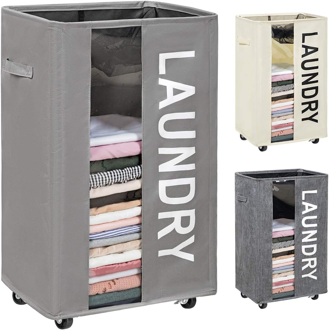 WOWLIVE 90L Rolling Laundry Hamper Large Laundry Basket Wheels Collapsible Clothes Hamper with Clear Window Carry Handles Rectangular Laundry Basket Bin 16"X12"X28"(Grey)