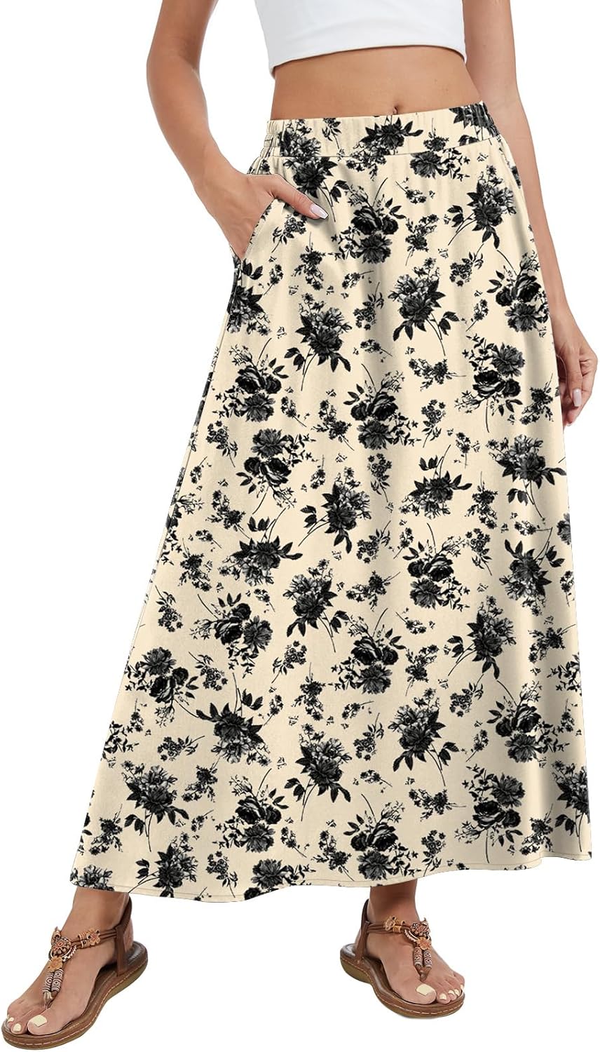 Womens Maxi A-line Long Skirt High Waist Casual Elastic Flowy Skirts with Pockets - Image 2