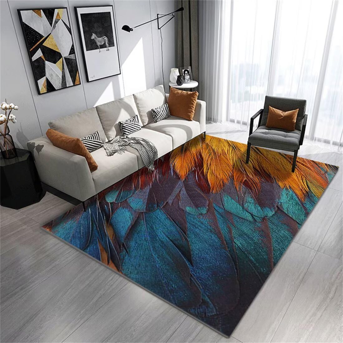 Grand tapis de salon plumes bleu et jaune 50x70cm antidérapant
