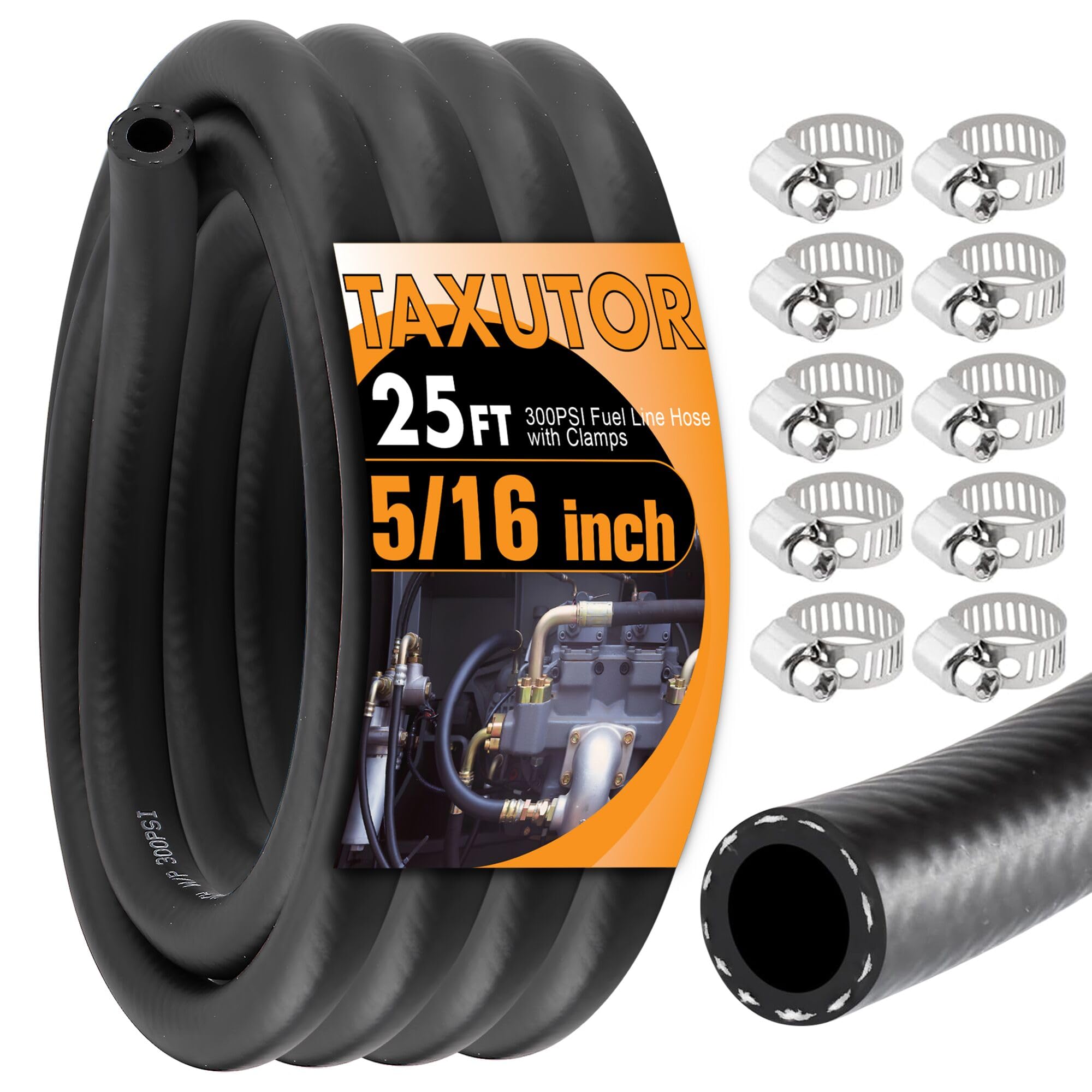 Taxutor 5/16" ID Fuel Line Hose 25FT Kit - SAE 30R7 300PSI with 10 Clamps - Professional Grade, Flexible NBR Rubber for Gasoline, Oil, Diesel for Car,