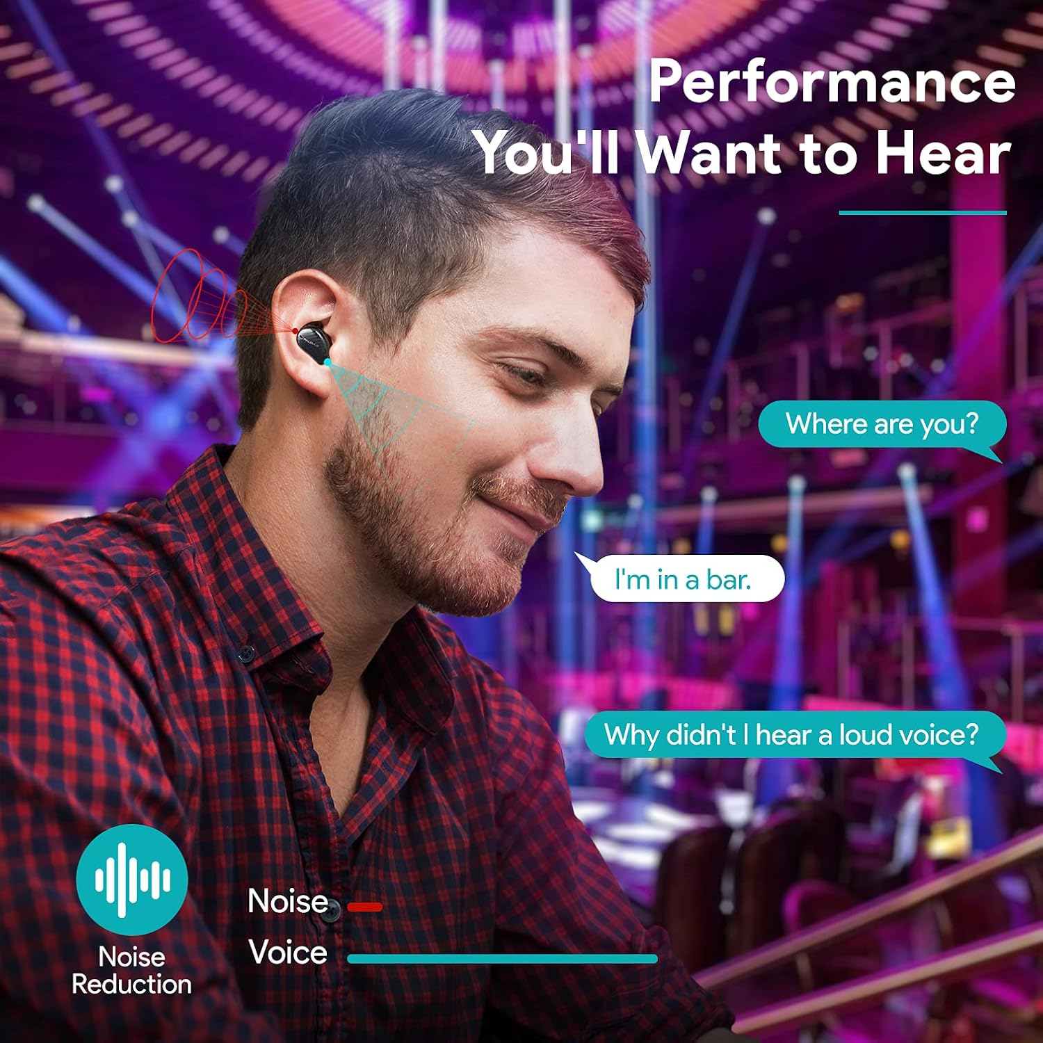 Illustration of CVC 8.0 noise reduction technology in PALOVUE iSound earbuds, showing how background noise is suppressed during calls.