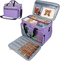 Anitor Large Crochet Knitting Yarn Storage Bag with Clear Lid, 6 Yarn Holes, Project Compartments & Needle Hooks - Purple Tote