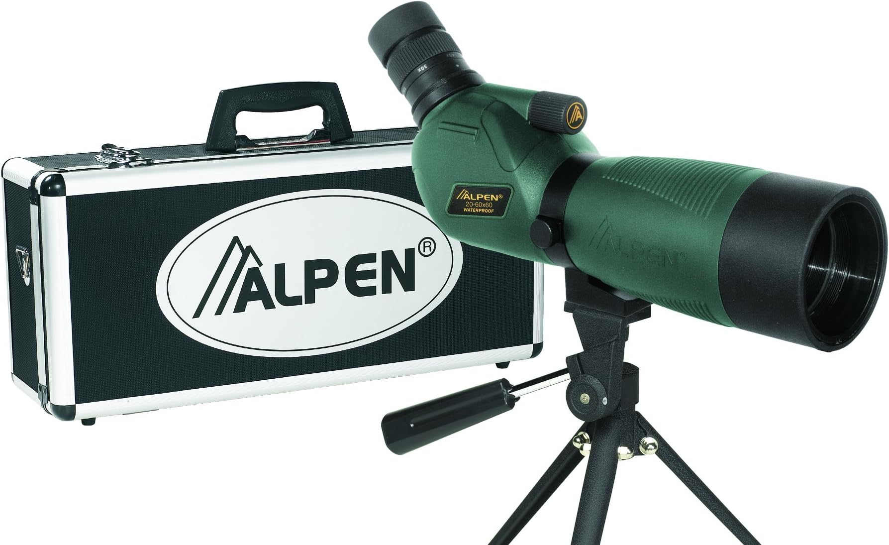 ALPEN Waterproof Fogproof Spotting Scope Kits. Straight or 45 Degree Models with BAK4 High Index Glass, Fully Multi-Coated Optics, Aluminum Foam Filled Locking Travel Case, and Table Top Tripod. Car Window Mount included with some Kit Models.