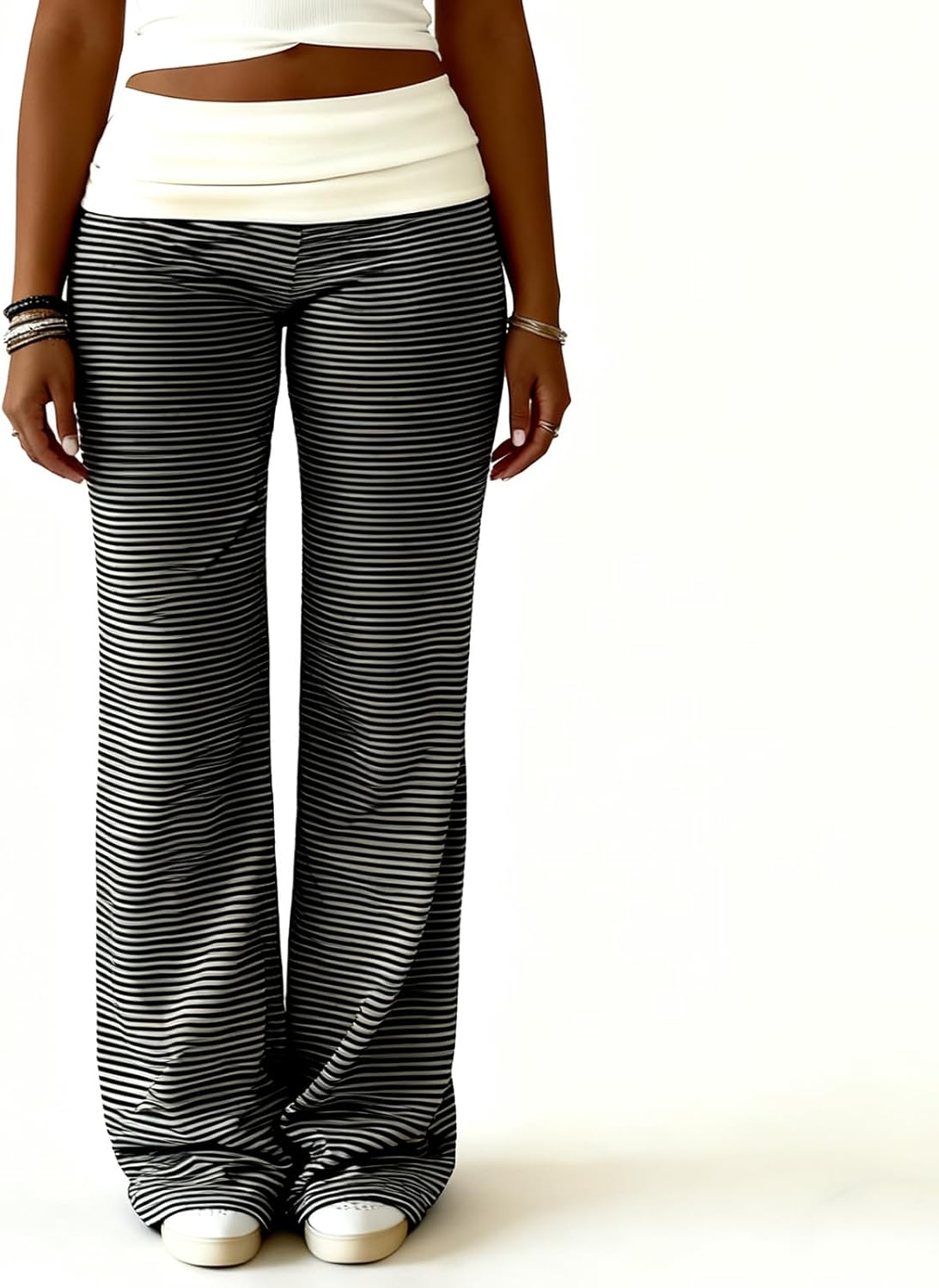 Women Y2K Fold Over Yoga Pants Elastic Low Waist Contrast Color Straight Wide Leg Soft Sweatpants - Image 2