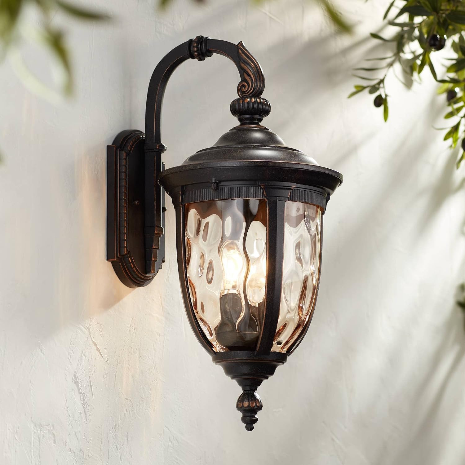John Timberland Bellagio Vintage Outdoor Wall Light Fixture Bronze Brown Metal 20 1/2" Champagne Hammered Glass Curved Arm for House Porch Patio Outside Deck Garage Yard Front Door Garden Home