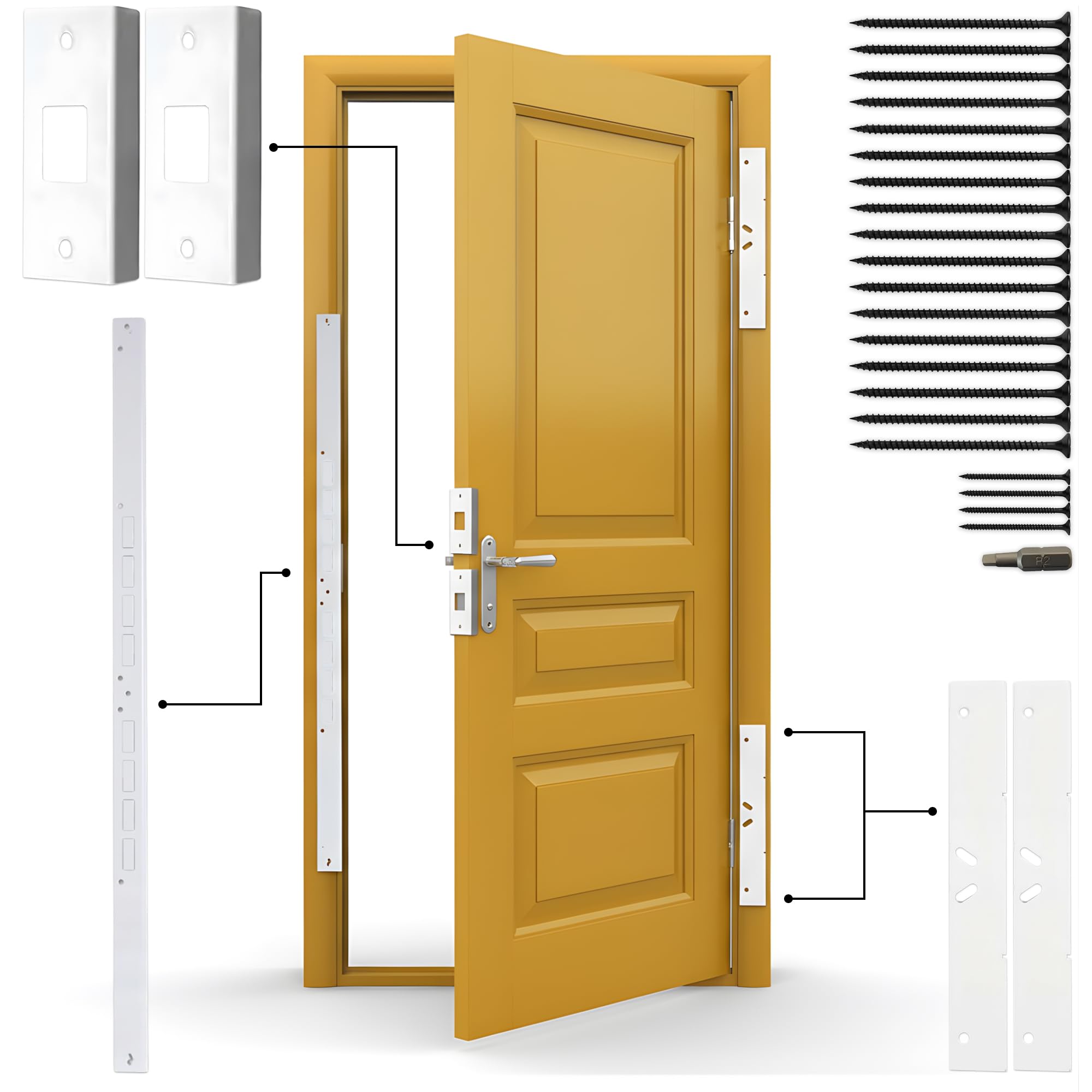 Armor Concepts Door Armor MAX Single Door Security Kit, Door Reinforcement Set for Jamb, Frame & Hinges, 5-Piece Door Lock Security, 30-Min Installation, Corrosion Proof, White