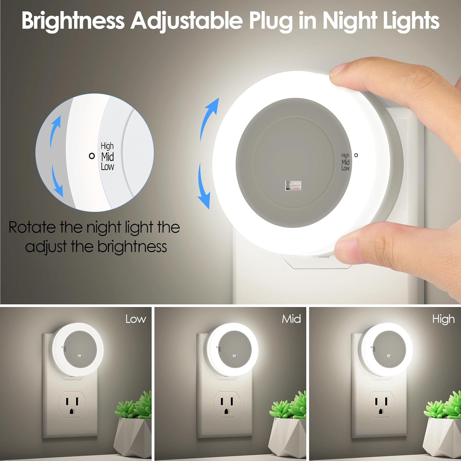 FOLKSMATE LED Night Light, Dimmable Plug-in Dusk to Dawn Light Sensor Nightlight for Bathroom, Bedroom, Adults & Kids Room, Kitchen, Stairway, Nursery, Daylight White, 2- Pack