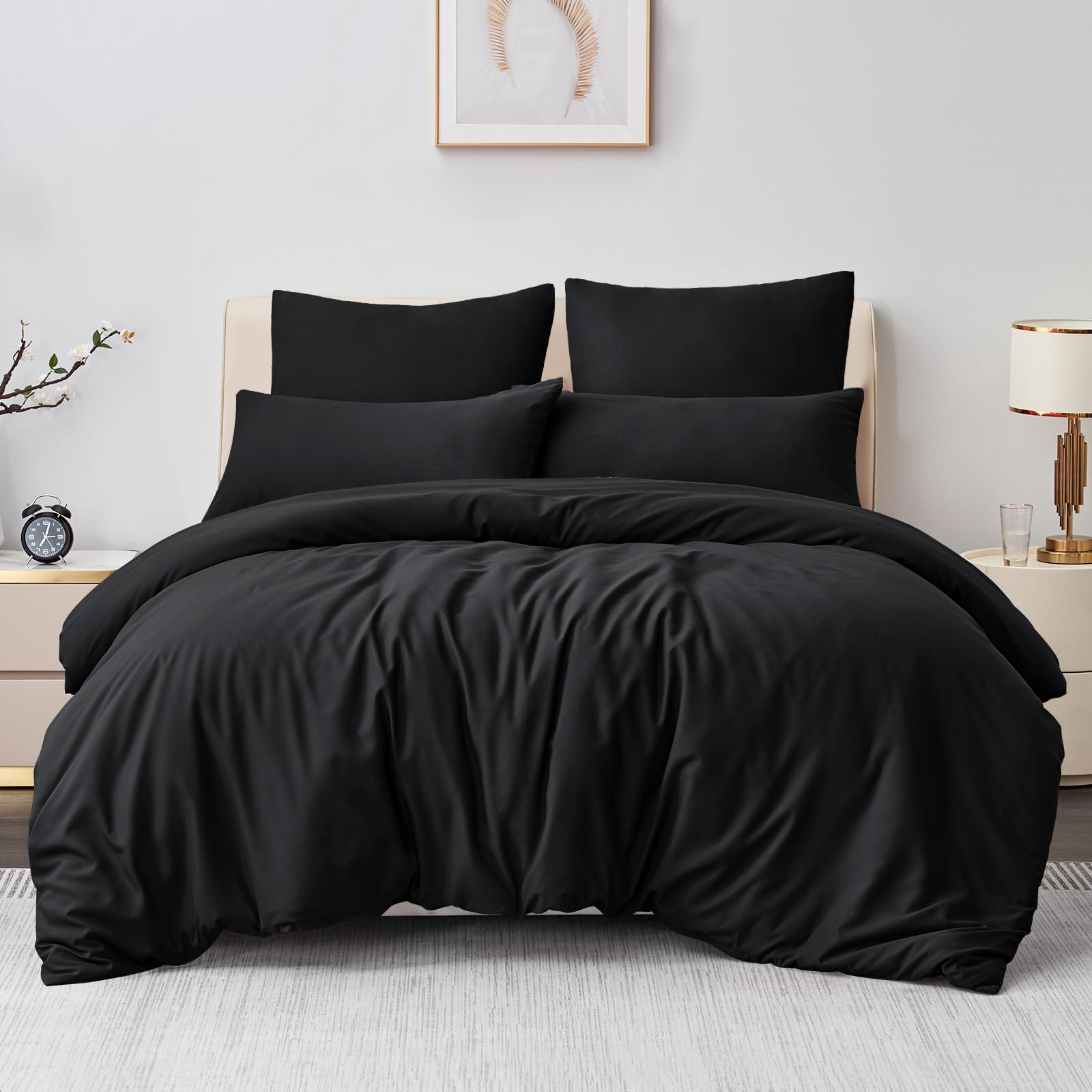 Aisbo Bettwäsche 200x200 3teilig Schwarz - Mikrofaser Bettwäsche-Sets mit Reißverschluss, ÖKO-TEX Bettbezug 200x200cm 3tlg mit Kissenbezug 80x80 cm, Weich und Bügelfrei