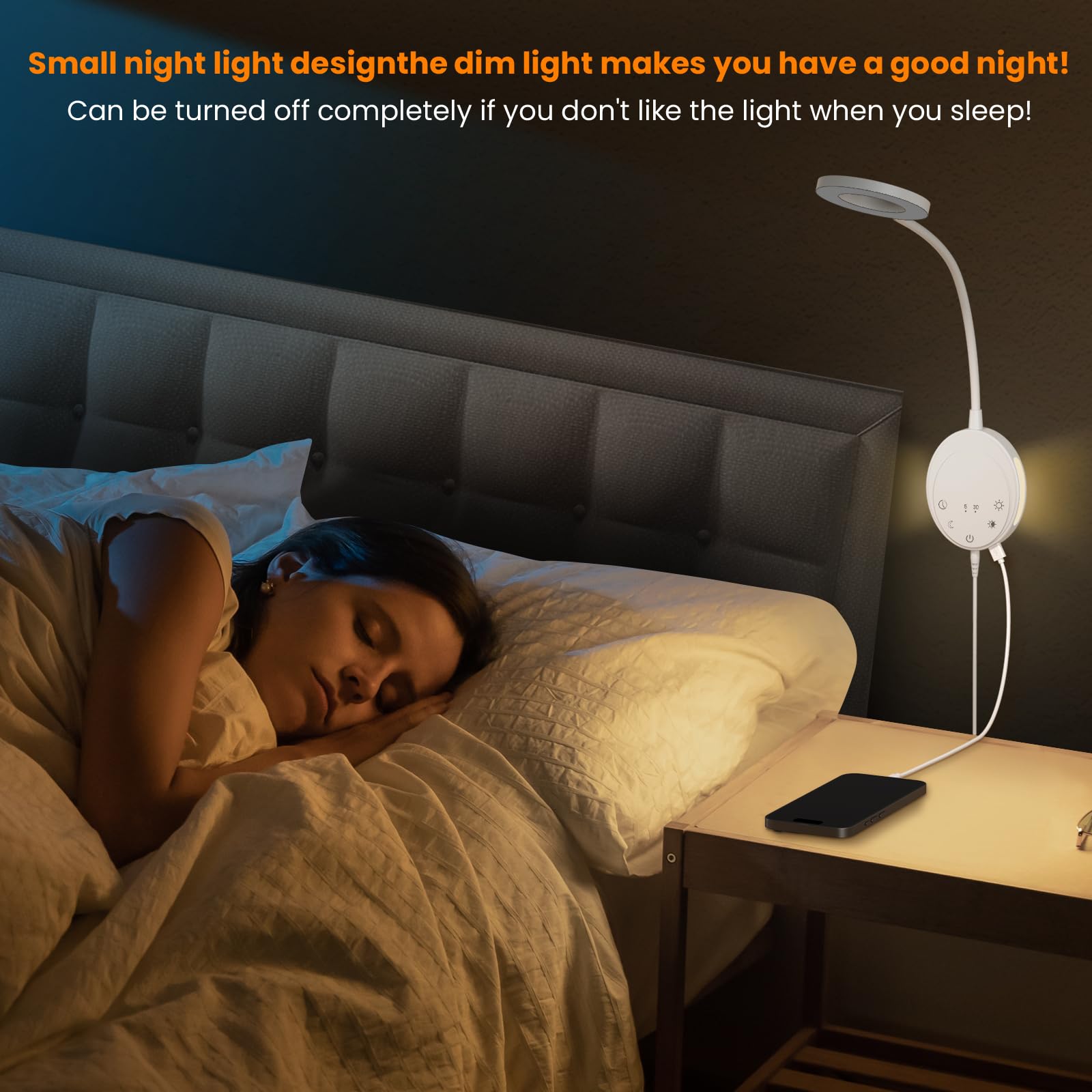 Naścienna lampka do czytania, lampki nocne z 5 temperaturami barwowymi i 5 ściemnianiami, elastyczna szyja 360°, wyjście USB, lampka nocna i funkcja timera