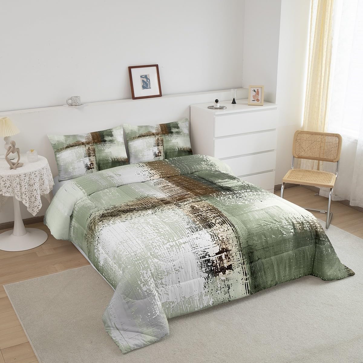 Erosebridal Brown Tie Dye Bedding Set Twin Green Ombre Comforter Set for Kids, Grunge Abstract Duvet Insert Watercolor Gradient Quilt Set, Patchwork Quilted Duvet Luxury Room Decor Microfiber