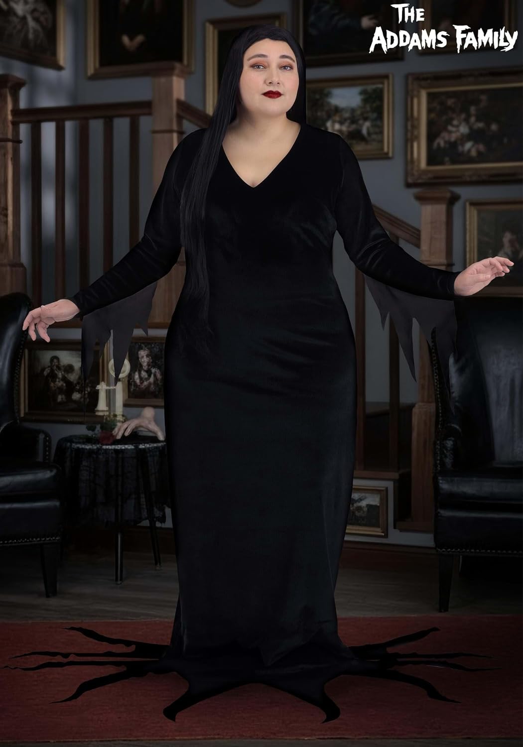 Plus Size Womens 1960s Morticia Addams Costume Officially Licensed Gothic Dress with Sheer Chiffon Sleeves for Halloween