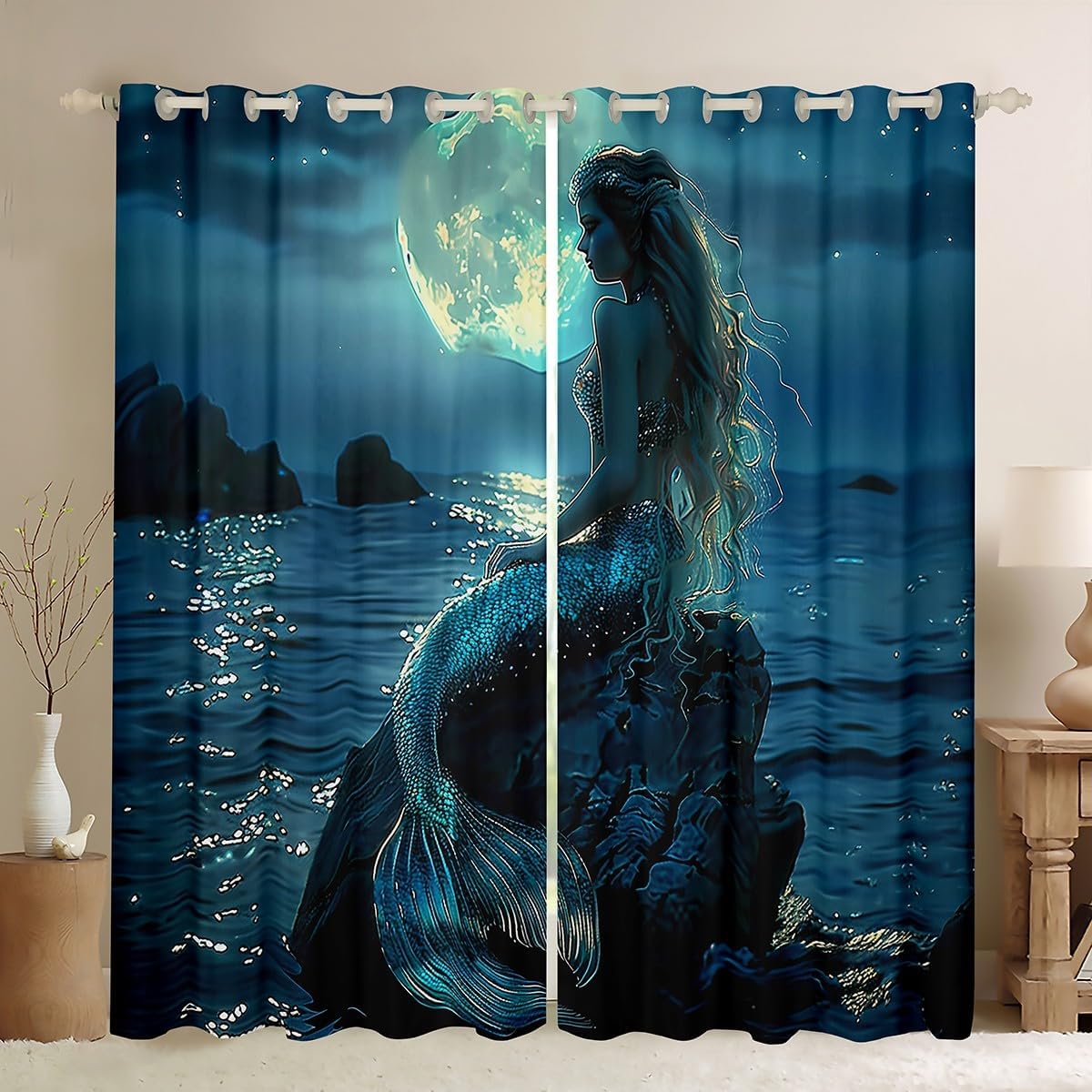 Manfei Mermaid Princess Kids Blackout Curtain,Moonnight Glitter Stars Romantic Window Drapes for Girls Women,Underwater World Marine Life Blue Window Treatments Grommet Top 2 Panel Set,38Wx45L inch