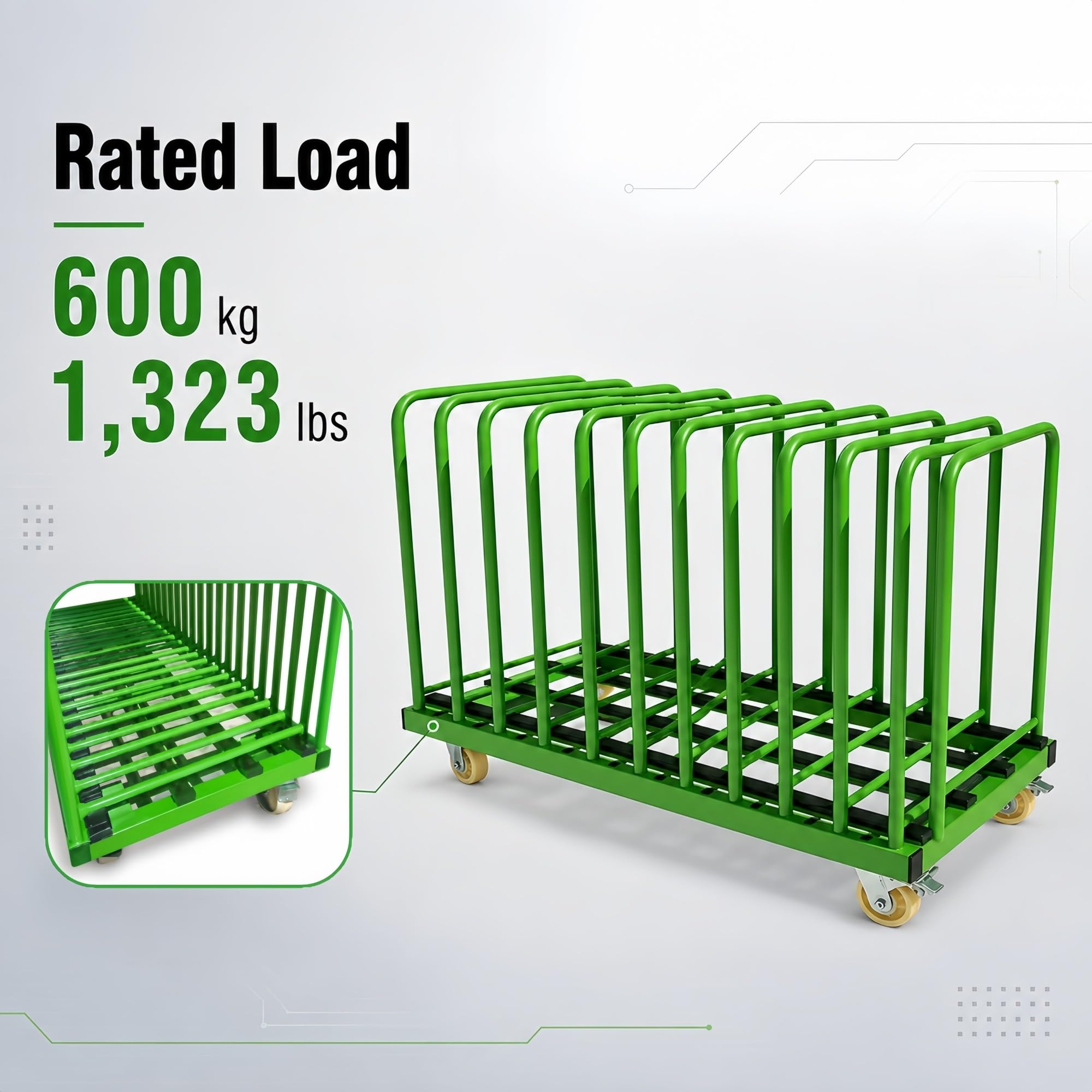 Plattenwagen 600 kg mit Abnehmbaren Bügeln for Glasplatten und Steinplatten | Verstärkte Gitterbasis mit PVC-Kontaktleisten an den unteren Auflagekanten(11-Slot)