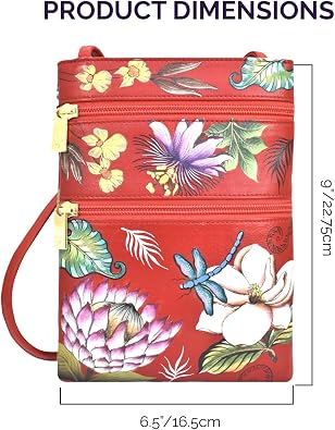 Anuschka Womens Hand Painted Genuine Leather Mini Double Zip Travel Crossbody - Magnetic Closure, ID Holder & Optical Case
