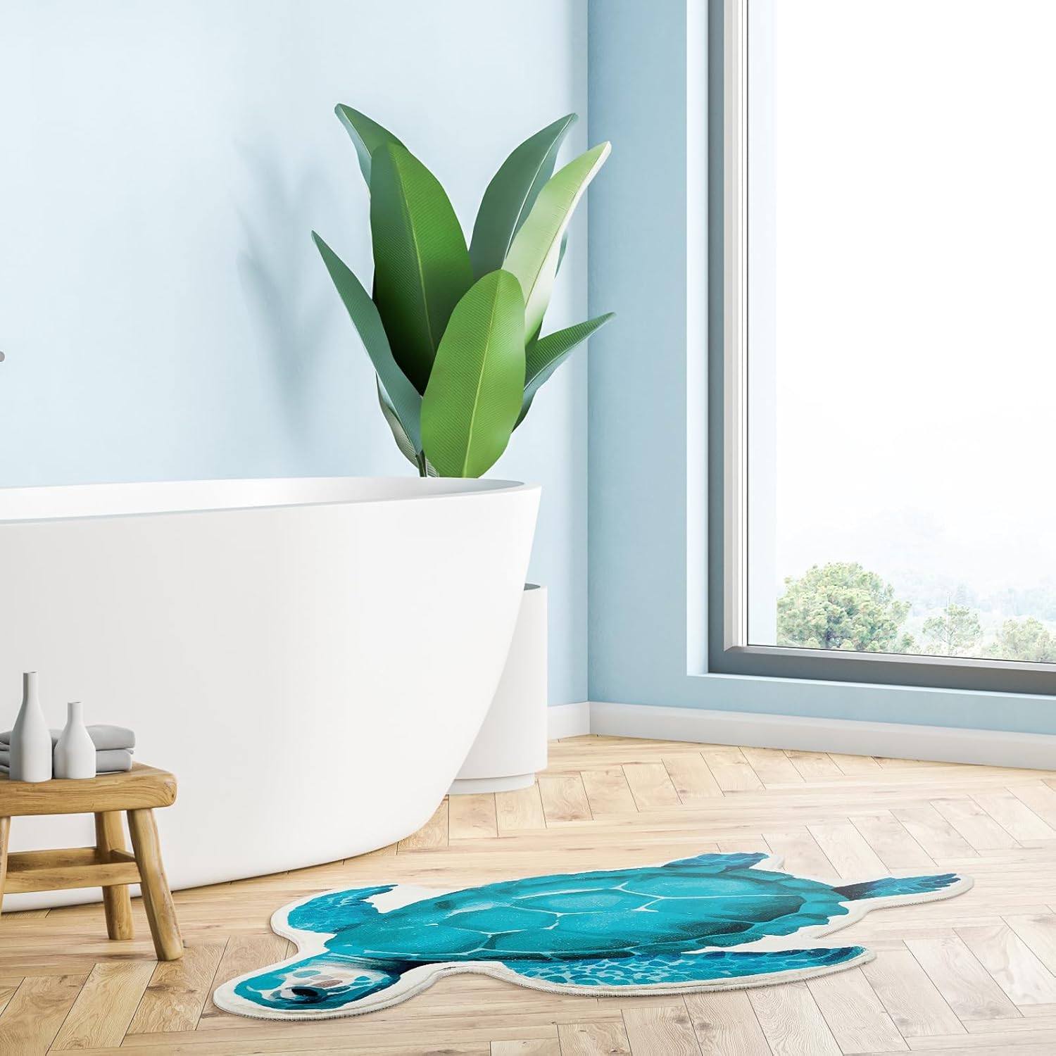 Drydiet 2 Pcs Blue Sea Turtle Bathroom Rug Sets 26 x 20 Inch and 32 x 24 Inch Ocean Turtles Door Mat Non Slip Imitation Cashmere Beach Bath Rug for Bathroom Kitchen Decor