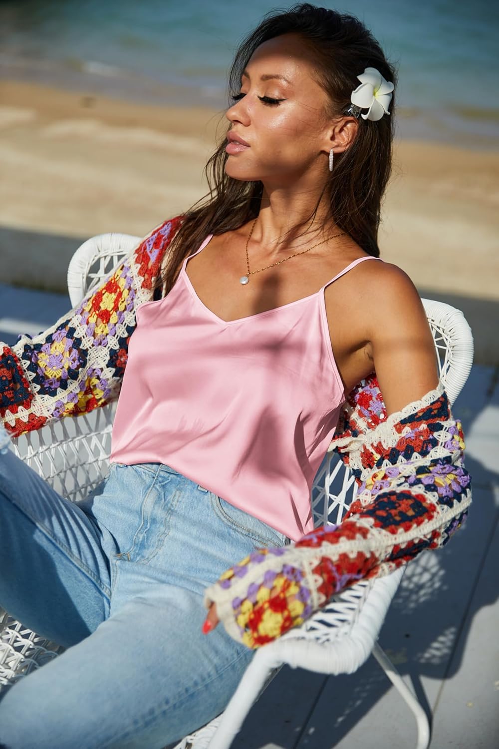 Ekouaer Satin Tank Tops for Women Silk Camisole Tops 2 Pack V Neck Spaghetti Strap Blouse Soft Dressy Camisole - Image 3