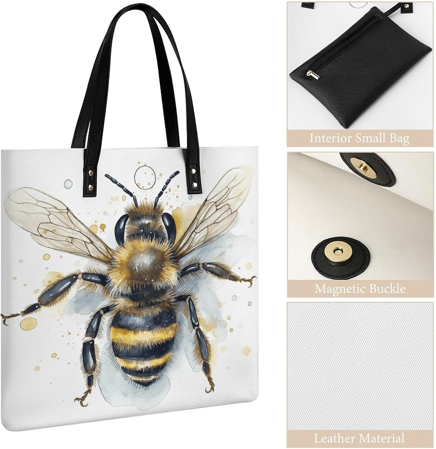 Watercolor Bee Tote Bag with Magnetic Buckle Reusable Grocery Bags Lightweight Cross Body Handbag for Daily Essentials