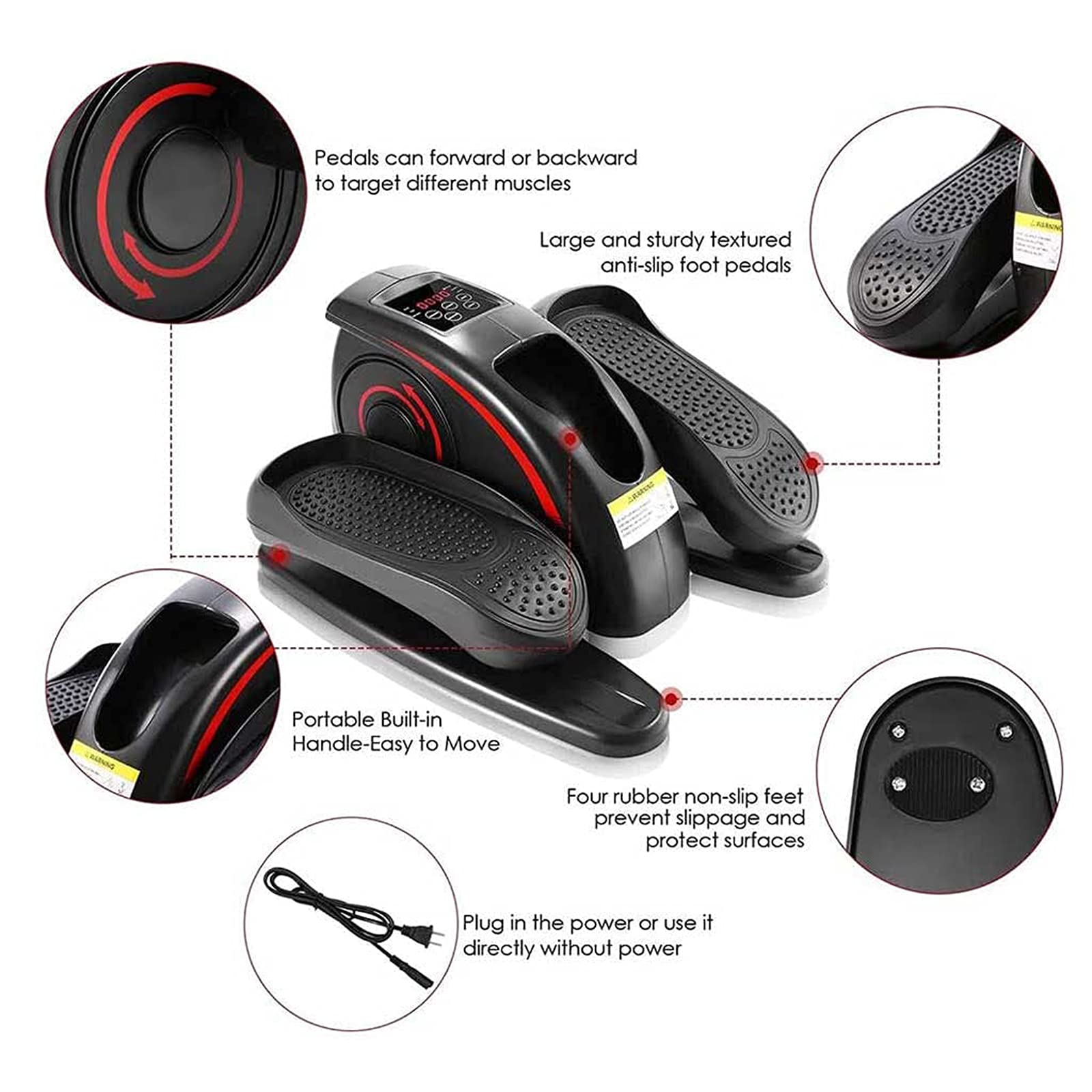 AMAZOM Allenatore Elettrico per Macchina Ellittica, Attrezzo Ginnico per Pedali Bici da Tavolo, Mini Cyclette per Pedaliera Portatile con Monitor Display,Nero