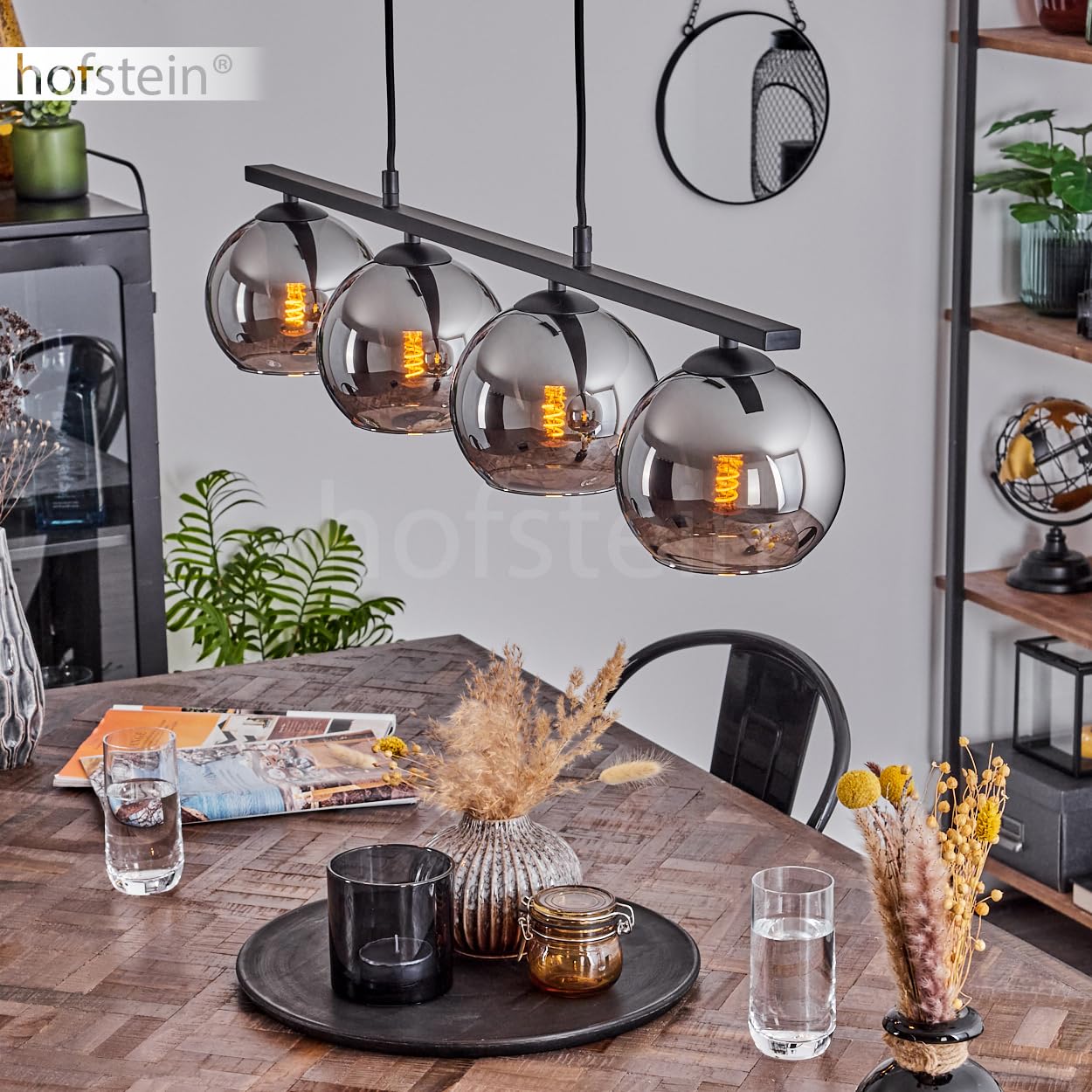 Pendelleuchte Koyoto, Hängelampe aus Metall/Glas in Schwarz/Chromfarben, Hängeleuchte im Retro/Vintage-Design mit Glasschirmen (Ø 15 cm), 4-flammig, Höhe max. 111,5 cm, 4 x E27, ohne Leuchtmittel