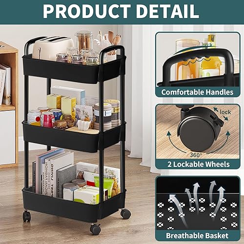 Miniatura 3 de EZ COZY Carrito rodante de 3 niveles, organizador de pañales de plástico con ruedas, carrito con ruedas para pañales, guardería de bebé, cocina,